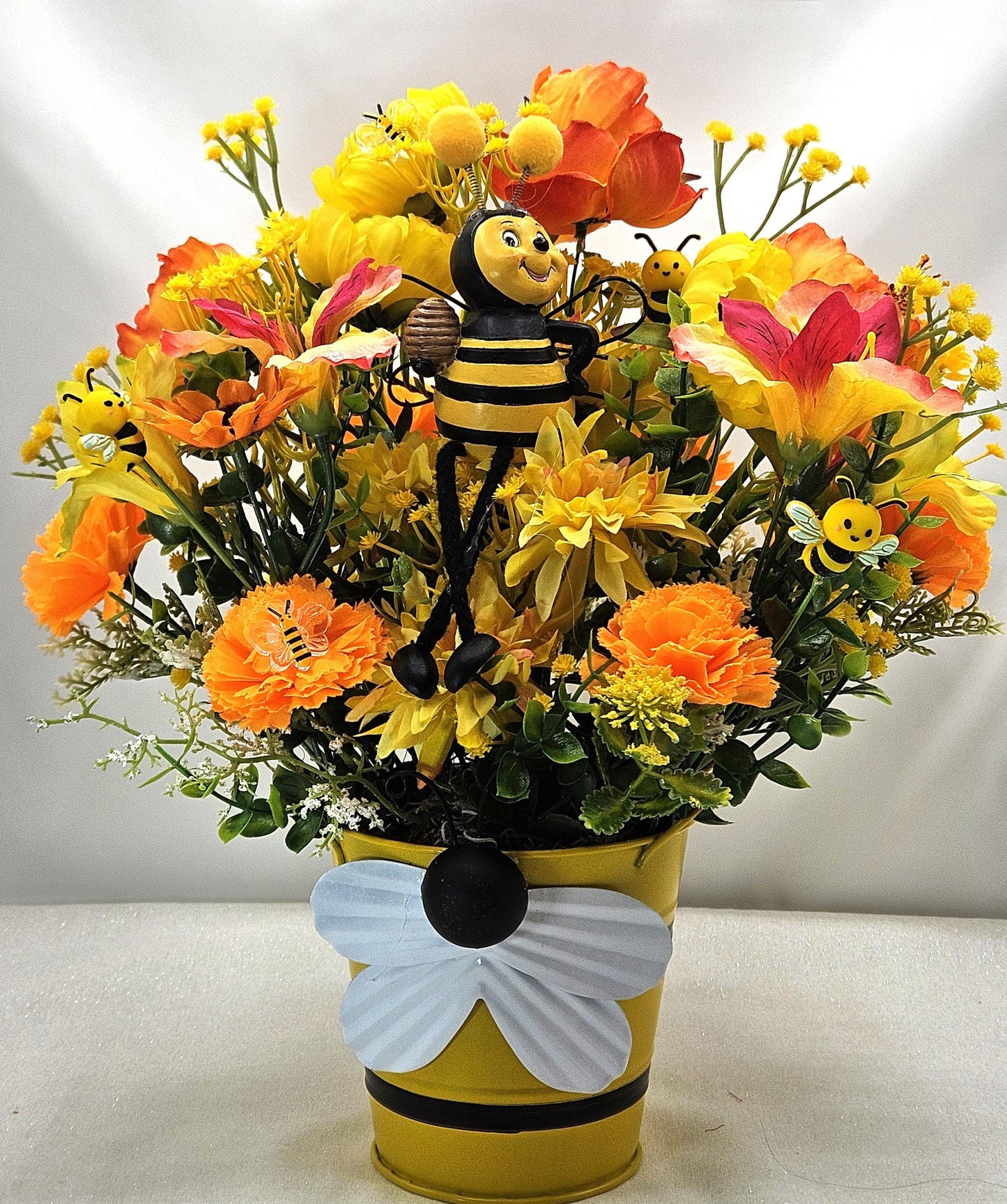 Bee Lover Floral Gifts, 2 Options, Various Cute Bees throughout Centerpieces Set in a Bee Deco Pot, Great Decor or Gift/Black/Yellow Florals