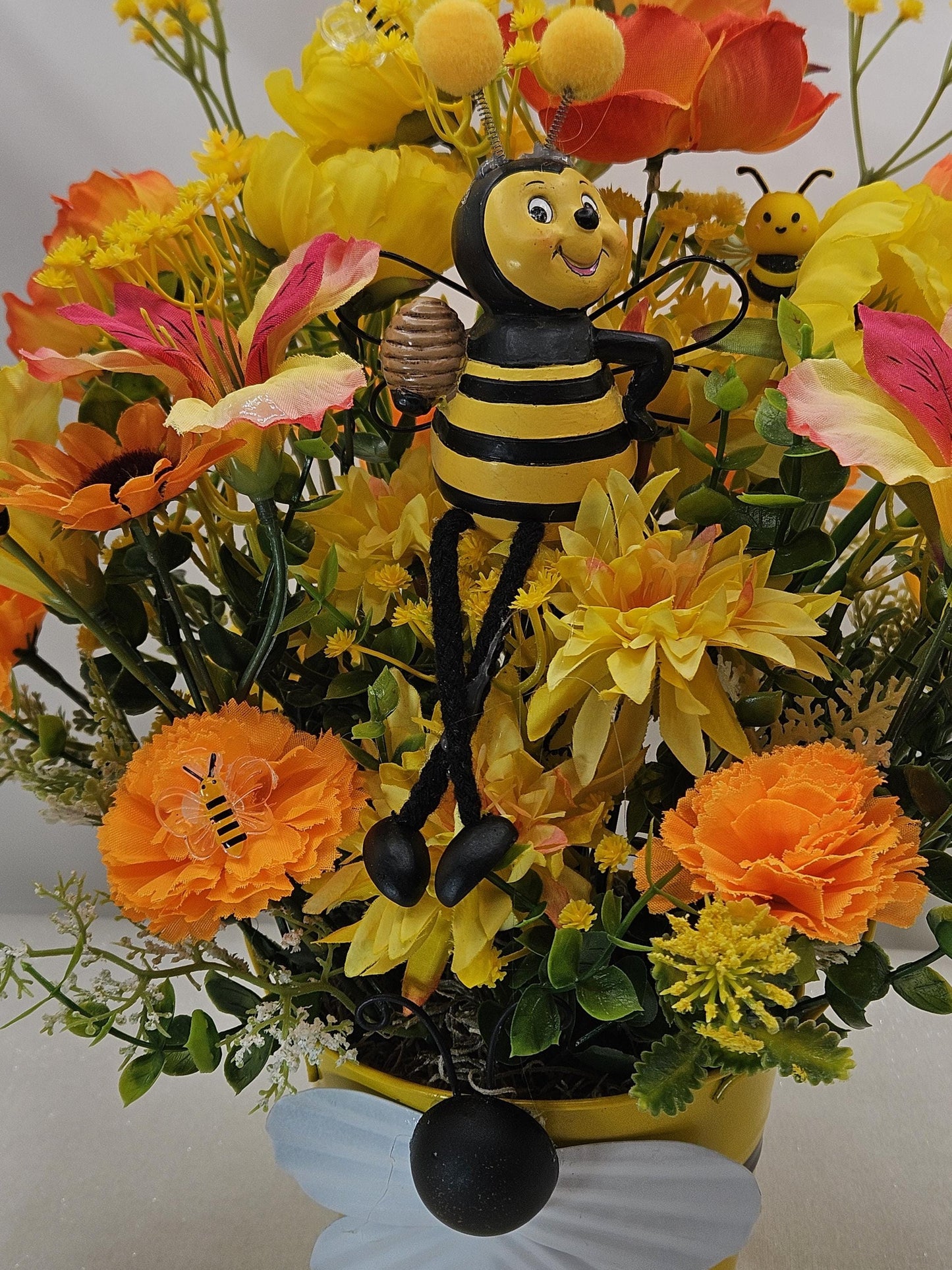 Bee Lover Floral Gifts, 2 Options, Various Cute Bees throughout Centerpieces Set in a Bee Deco Pot, Great Decor or Gift/Black/Yellow Florals