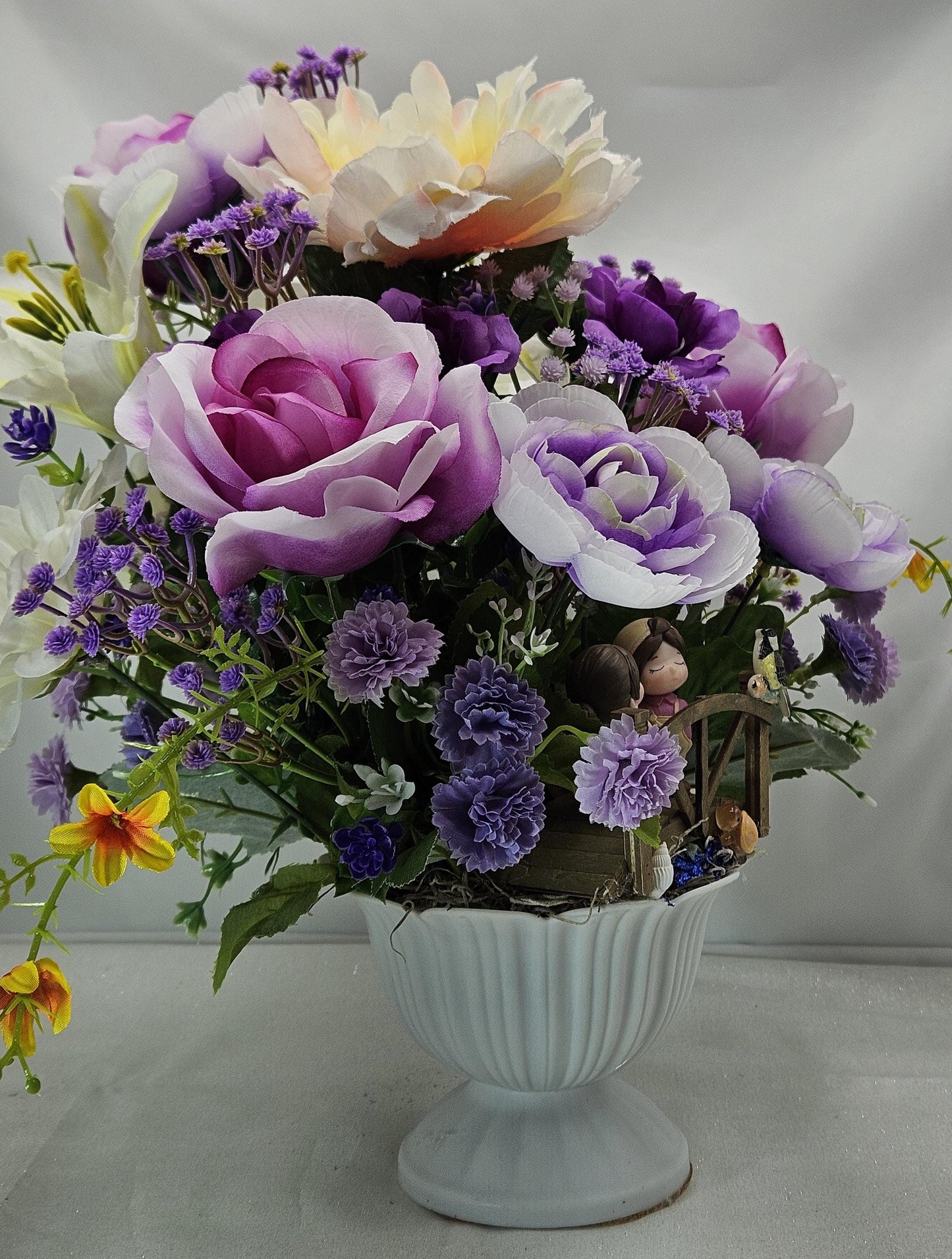 Cute Couple on a Bridge Amidst Garden of Lavender/Purple/White Flowers/Greenery/Babys Breath/Bird and Turtle on the Bridge