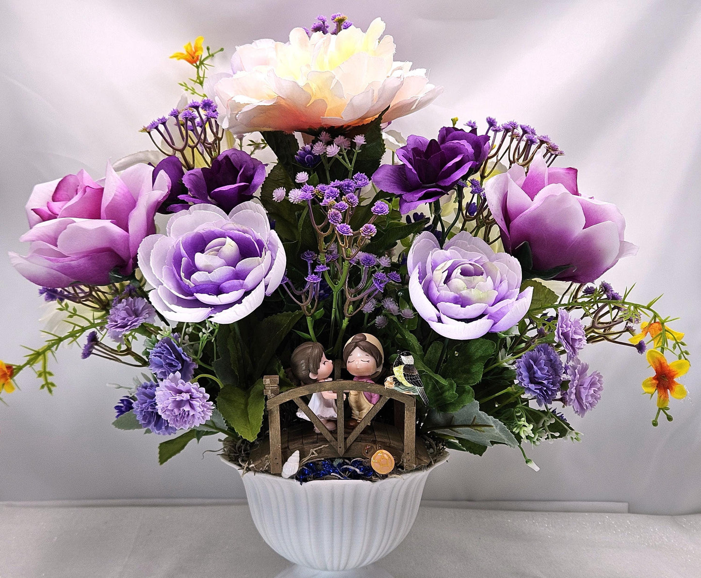 Cute Couple on a Bridge Amidst Garden of Lavender/Purple/White Flowers/Greenery/Babys Breath/Bird and Turtle on the Bridge