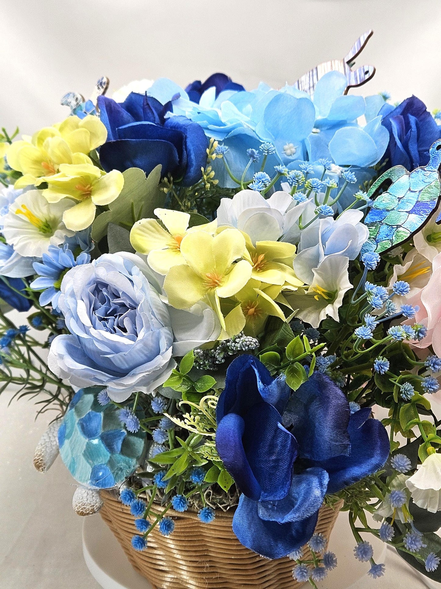 Beauty of the Turtles amidst a Gorgeous Garden of Vivid Blue and Golden Yellow Hydrangeas, Roses. Babys Breath and Turtles, Ocen Life/Decor