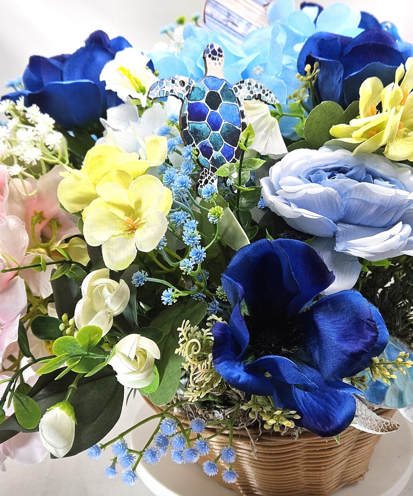 Beauty of the Turtles amidst a Gorgeous Garden of Vivid Blue and Golden Yellow Hydrangeas, Roses. Babys Breath and Turtles, Ocen Life/Decor