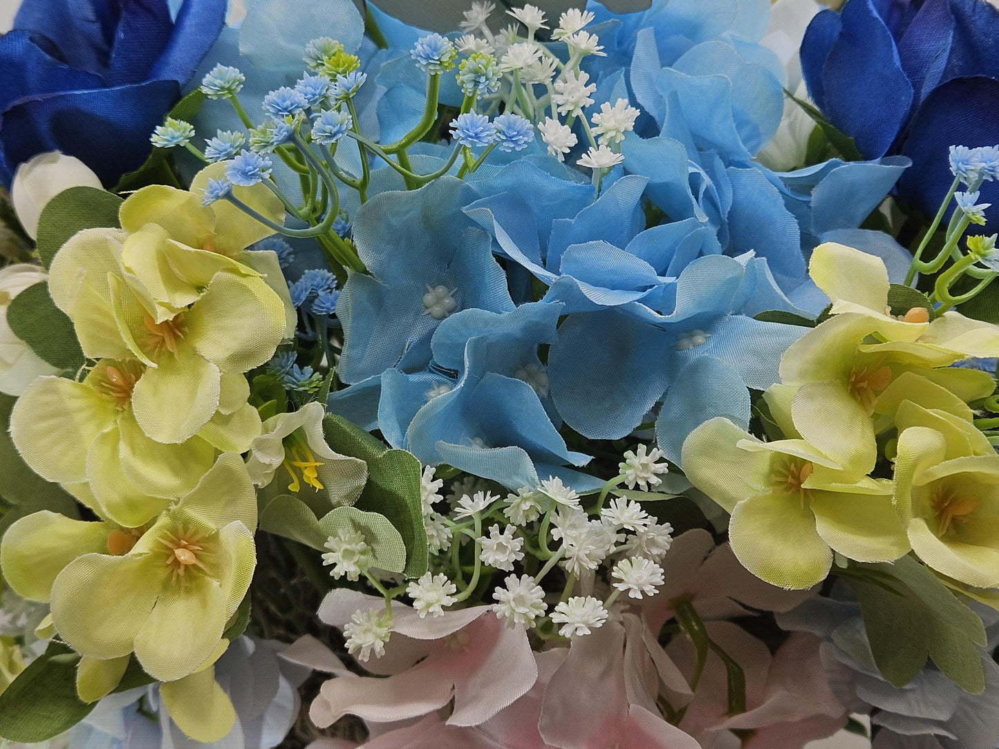 Beauty of the Turtles amidst a Gorgeous Garden of Vivid Blue and Golden Yellow Hydrangeas, Roses. Babys Breath and Turtles, Ocen Life/Decor
