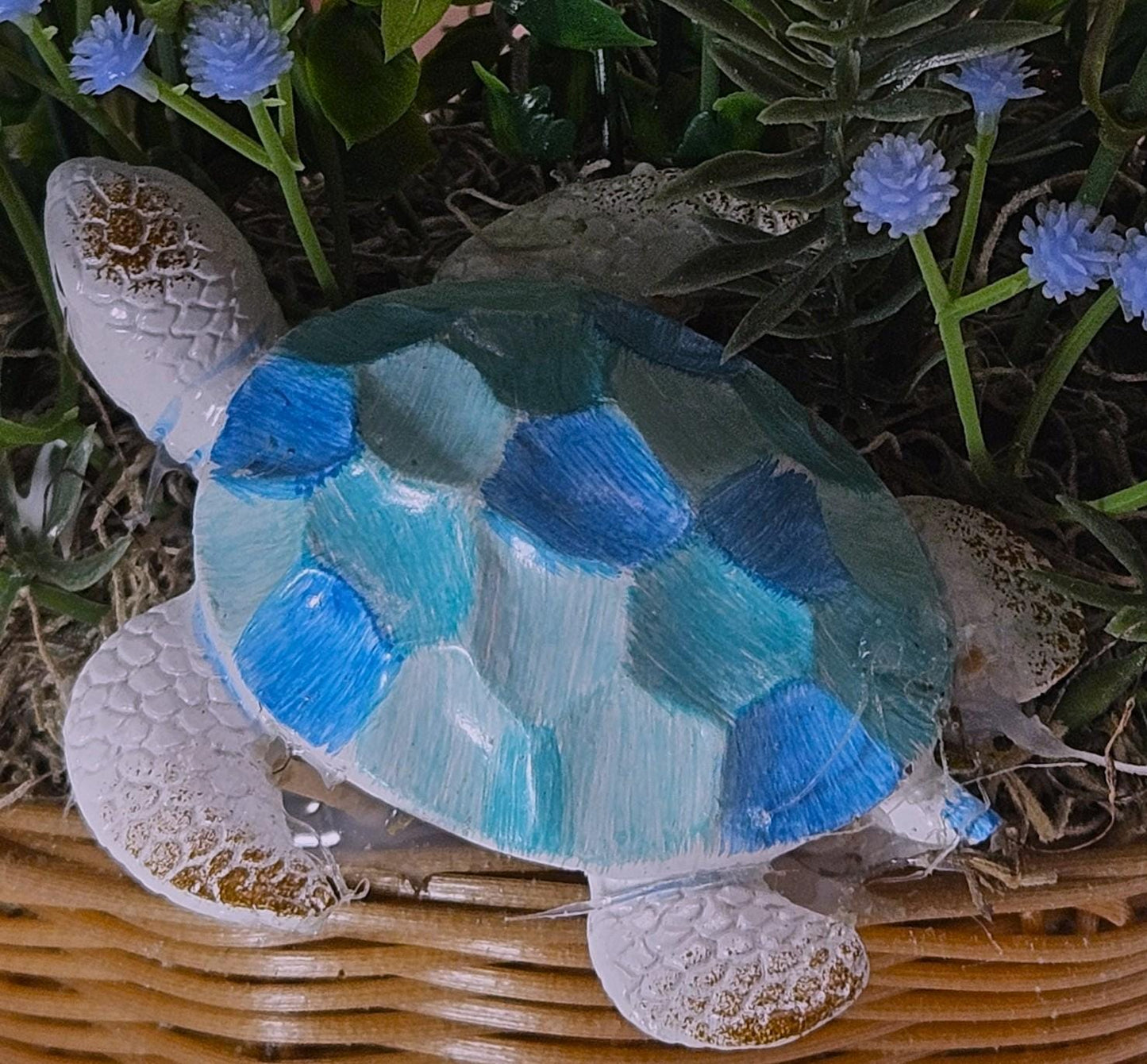 Beauty of the Turtles amidst a Gorgeous Garden of Vivid Blue and Golden Yellow Hydrangeas, Roses. Babys Breath and Turtles, Ocen Life/Decor