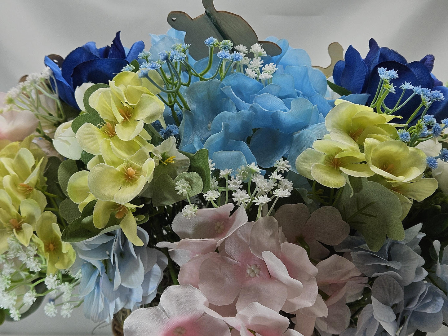 Beauty of the Turtles amidst a Gorgeous Garden of Vivid Blue and Golden Yellow Hydrangeas, Roses. Babys Breath and Turtles, Ocen Life/Decor