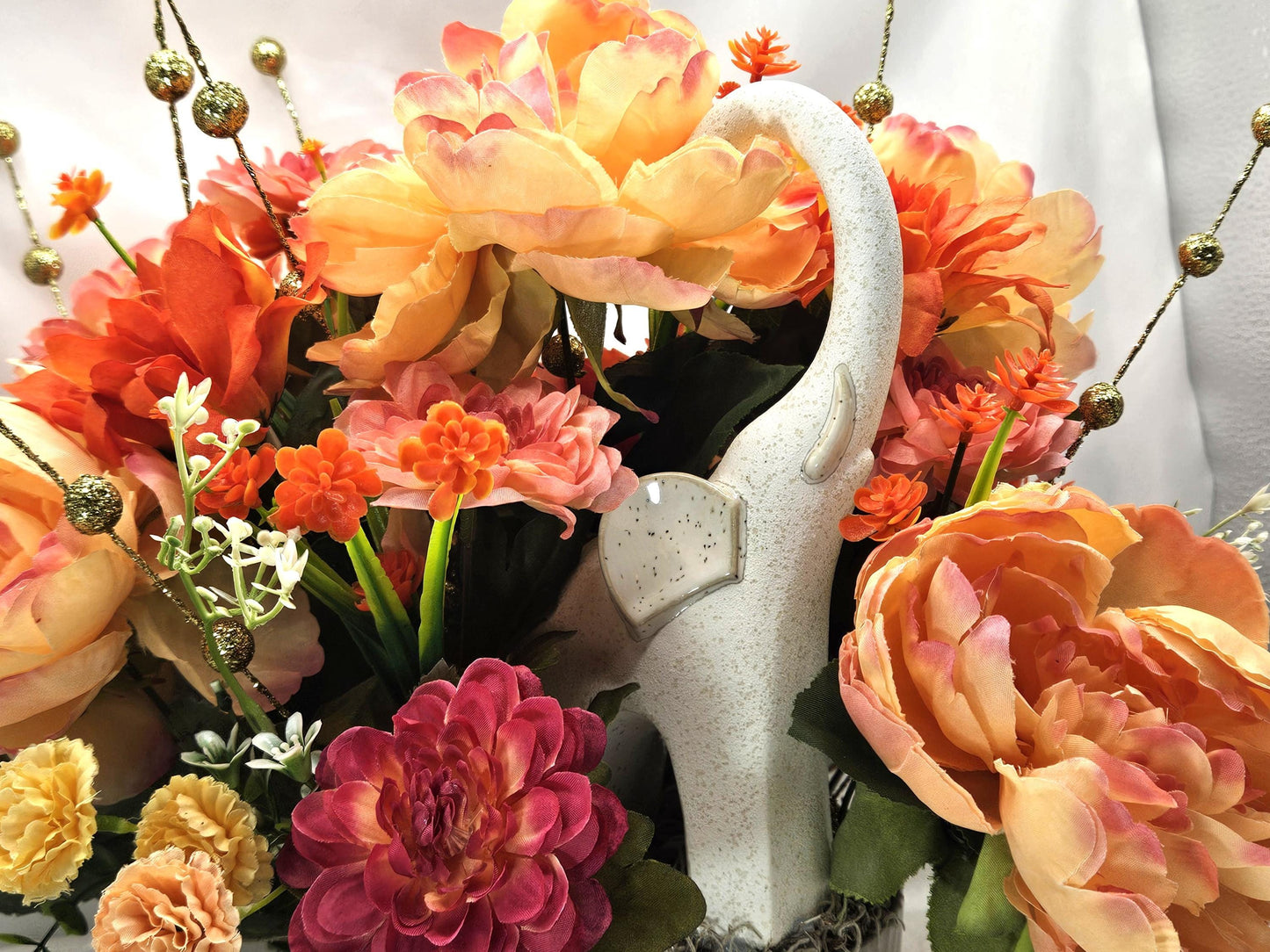 Celebrate the Majestic Elephant Flower Centerpiece/2 options/Modern or Nostalgic Elephant Design/Orange/Yellow or Coffee/Tan Flowers/Greens