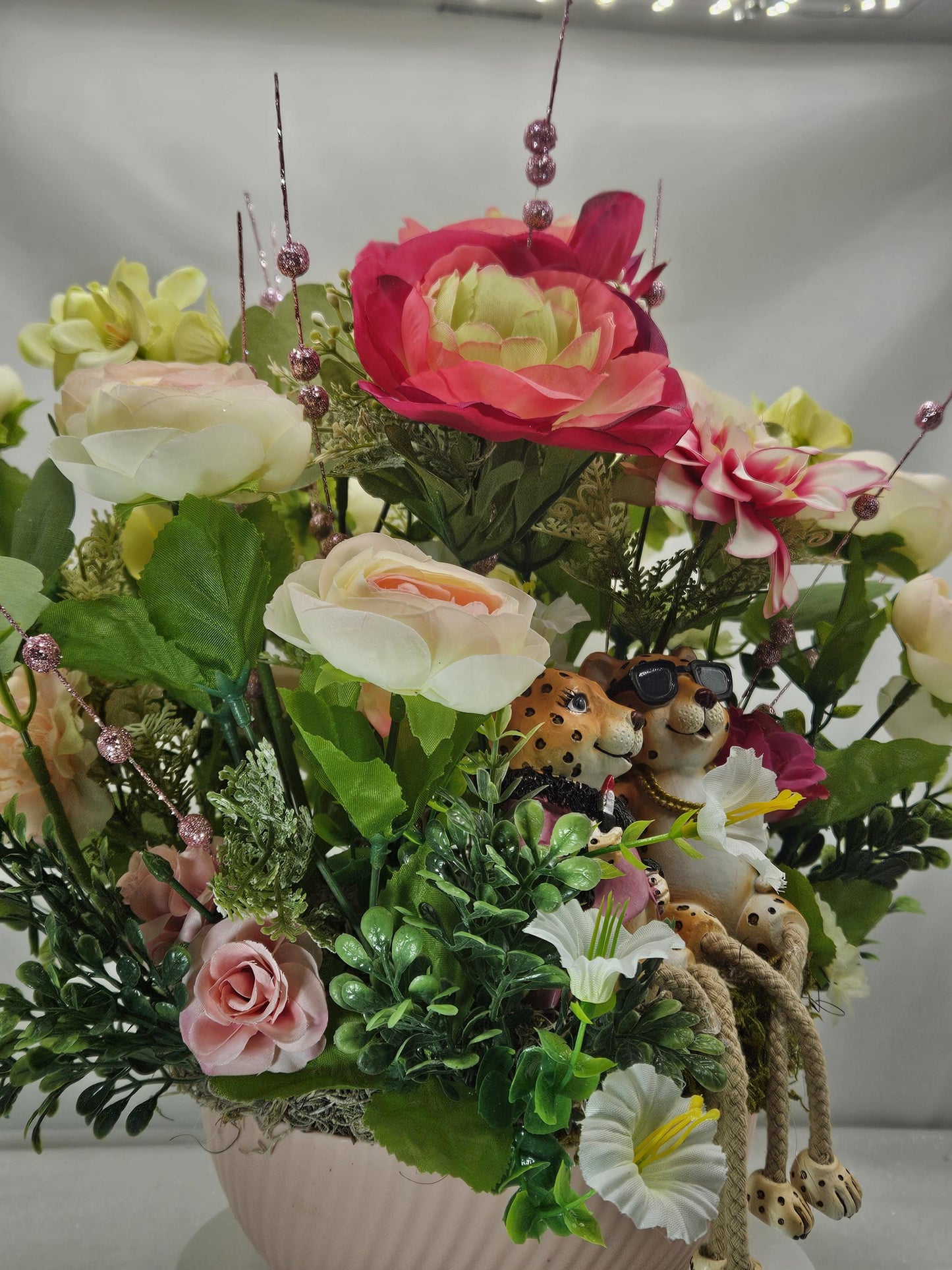 Chetah Couple in Pink/White/Yellow Flower Bouquet/Cosmos/Dahlias/Ranunculus/Daisies/Petunias/Greens/Other Flowers/Nature/Cheetah Lover Gift
