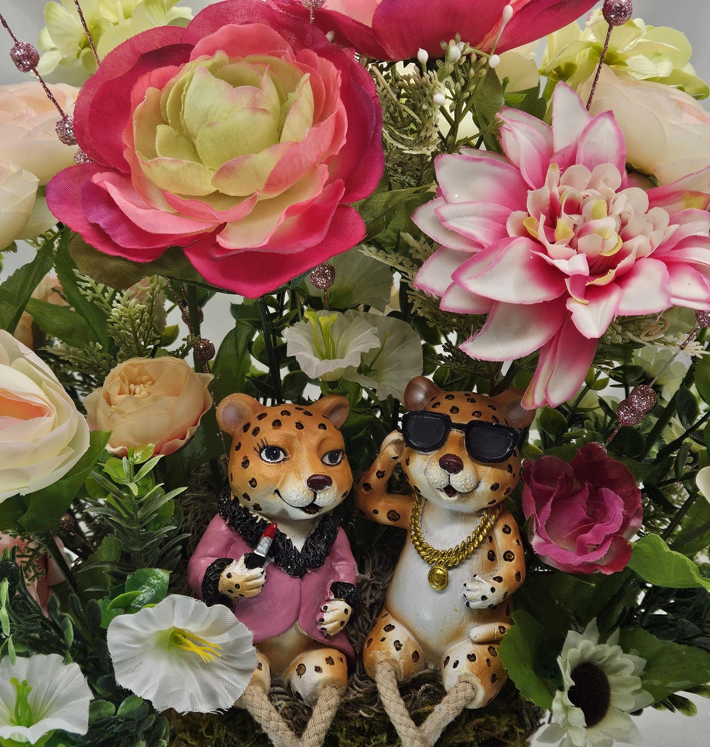 Chetah Couple in Pink/White/Yellow Flower Bouquet/Cosmos/Dahlias/Ranunculus/Daisies/Petunias/Greens/Other Flowers/Nature/Cheetah Lover Gift