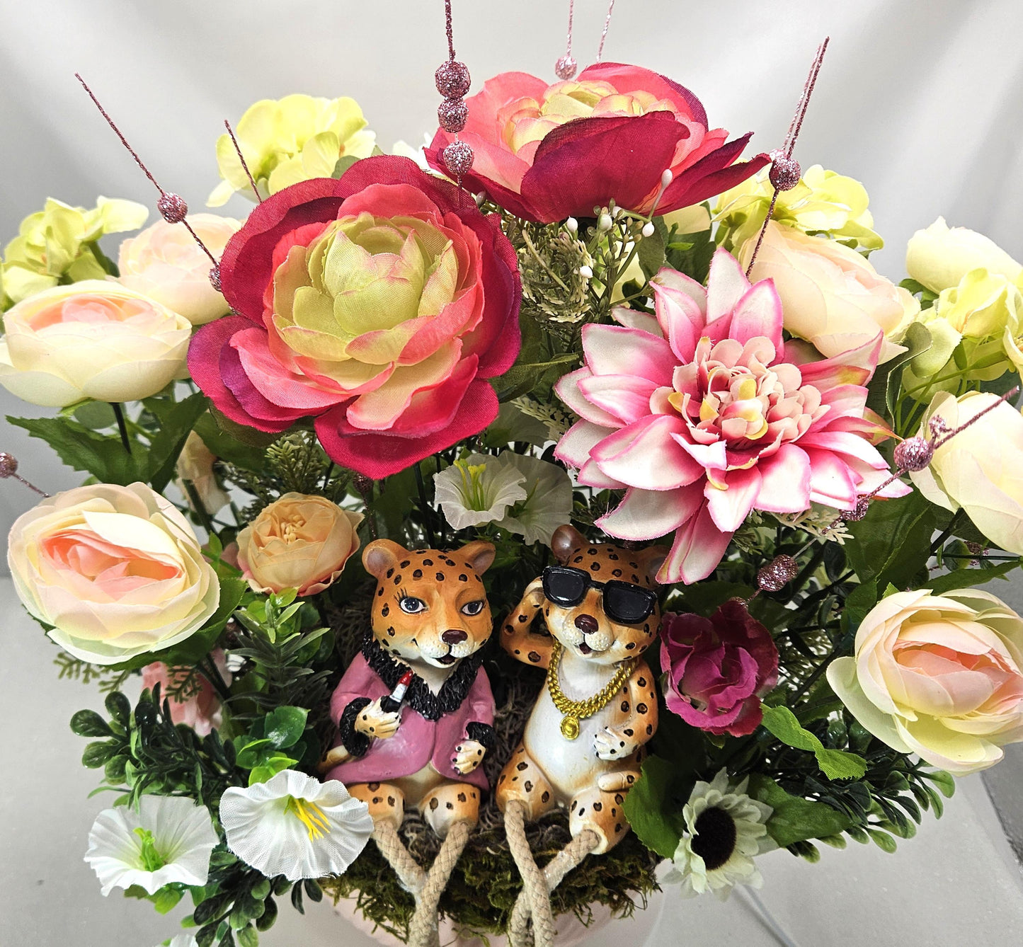 Chetah Couple in Pink/White/Yellow Flower Bouquet/Cosmos/Dahlias/Ranunculus/Daisies/Petunias/Greens/Other Flowers/Nature/Cheetah Lover Gift