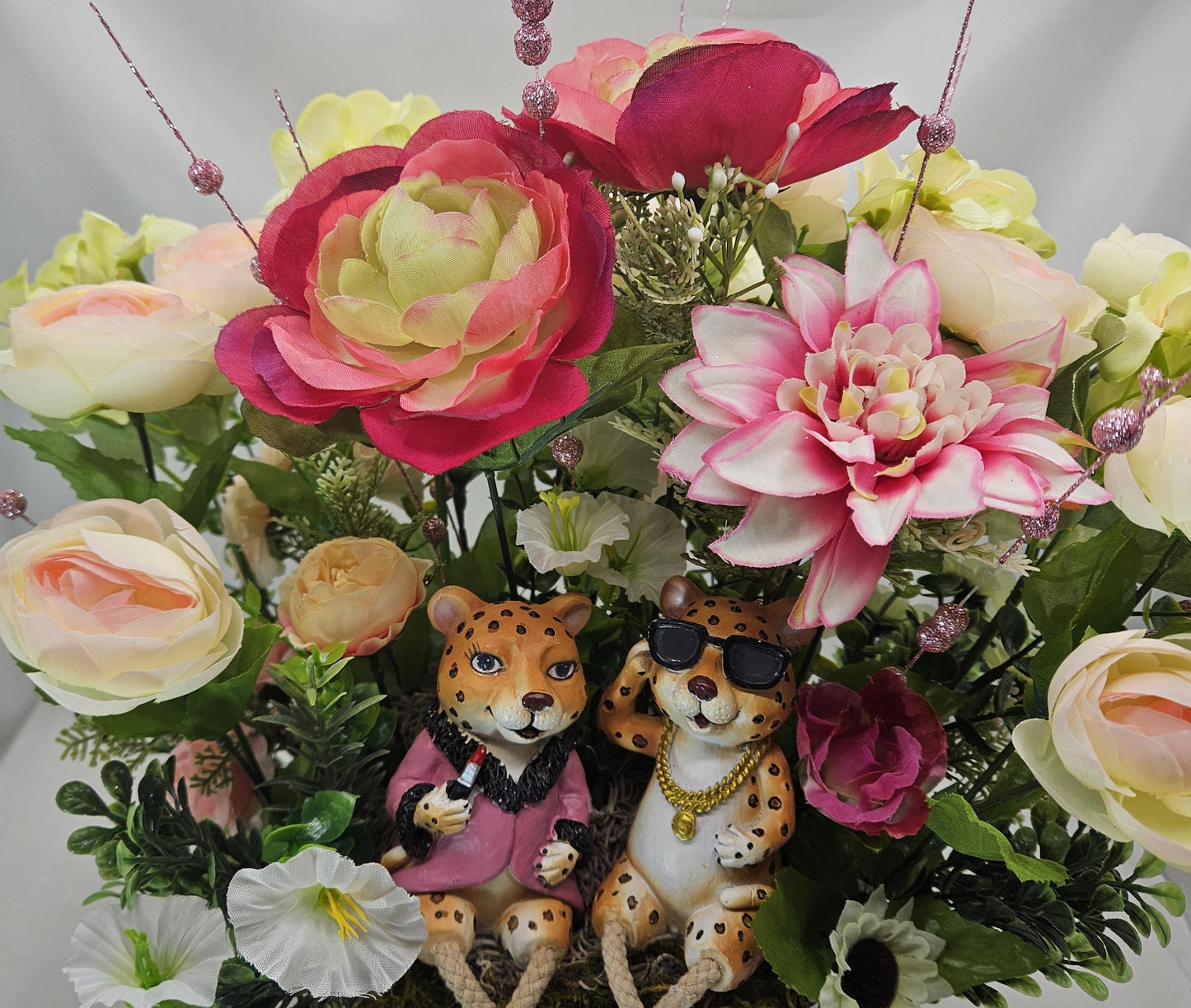 Chetah Couple in Pink/White/Yellow Flower Bouquet/Cosmos/Dahlias/Ranunculus/Daisies/Petunias/Greens/Other Flowers/Nature/Cheetah Lover Gift