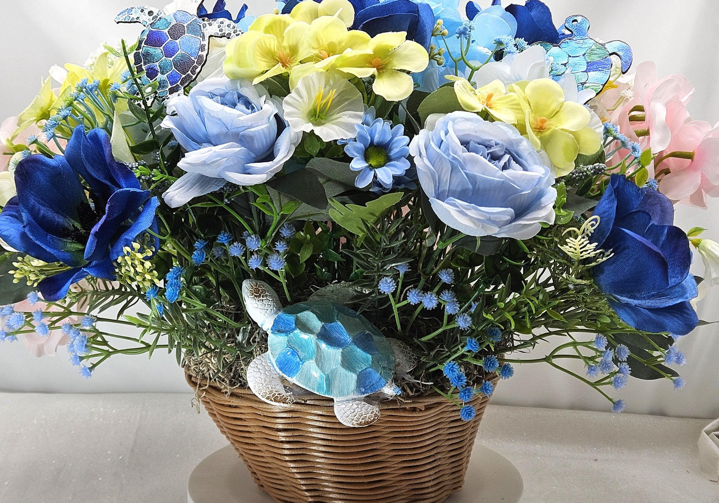 Beauty of the Turtles amidst a Gorgeous Garden of Vivid Blue and Golden Yellow Hydrangeas, Roses. Babys Breath and Turtles, Ocen Life/Decor