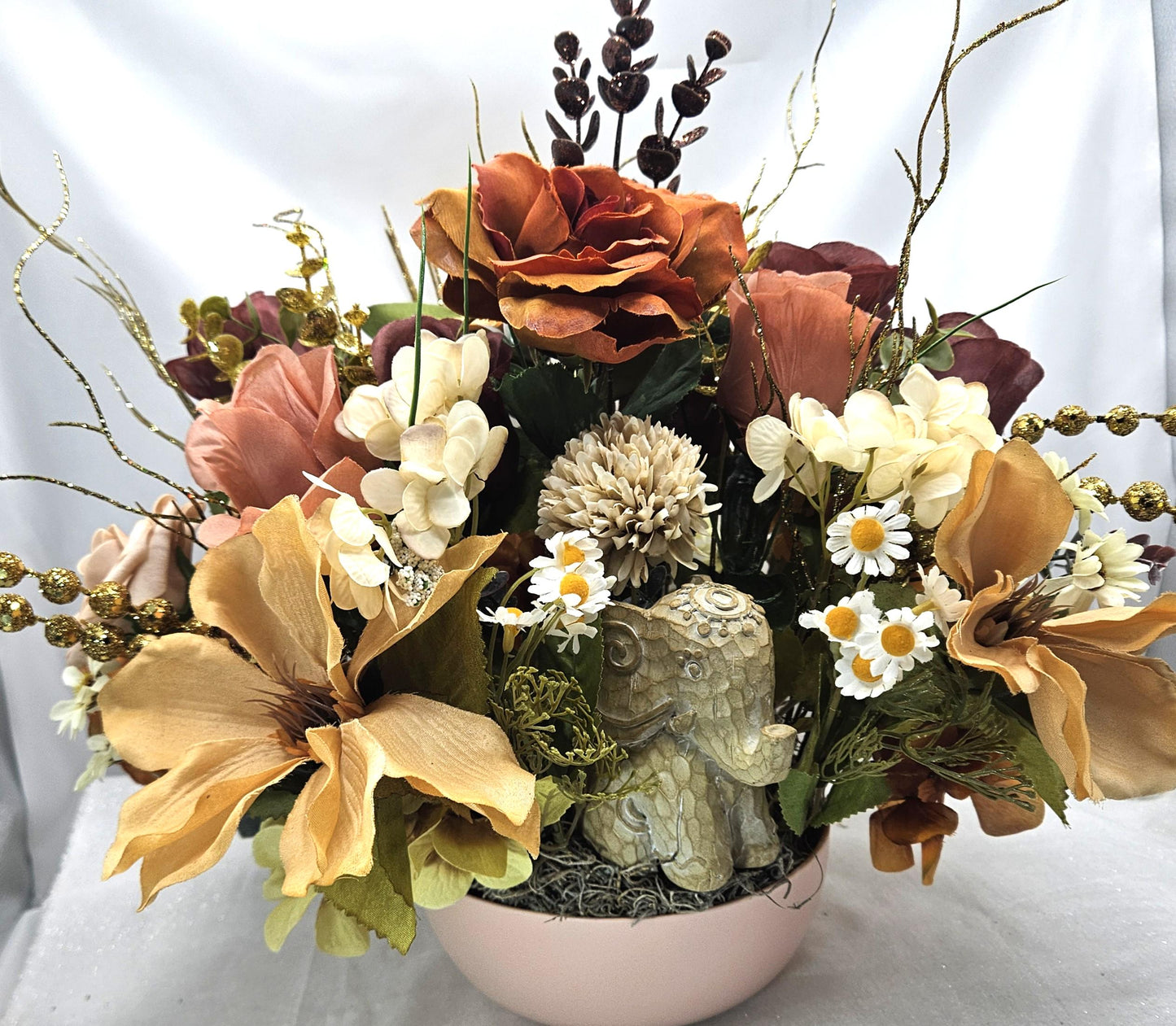 Celebrate the Majestic Elephant Flower Centerpiece/2 options/Modern or Nostalgic Elephant Design/Orange/Yellow or Coffee/Tan Flowers/Greens