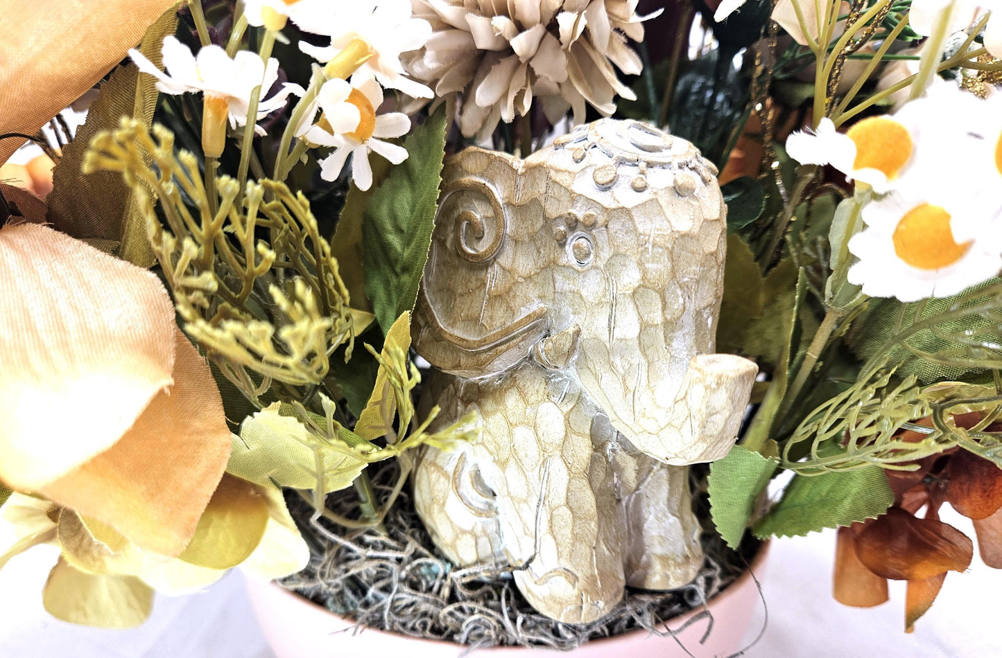 Celebrate the Majestic Elephant Flower Centerpiece/2 options/Modern or Nostalgic Elephant Design/Orange/Yellow or Coffee/Tan Flowers/Greens