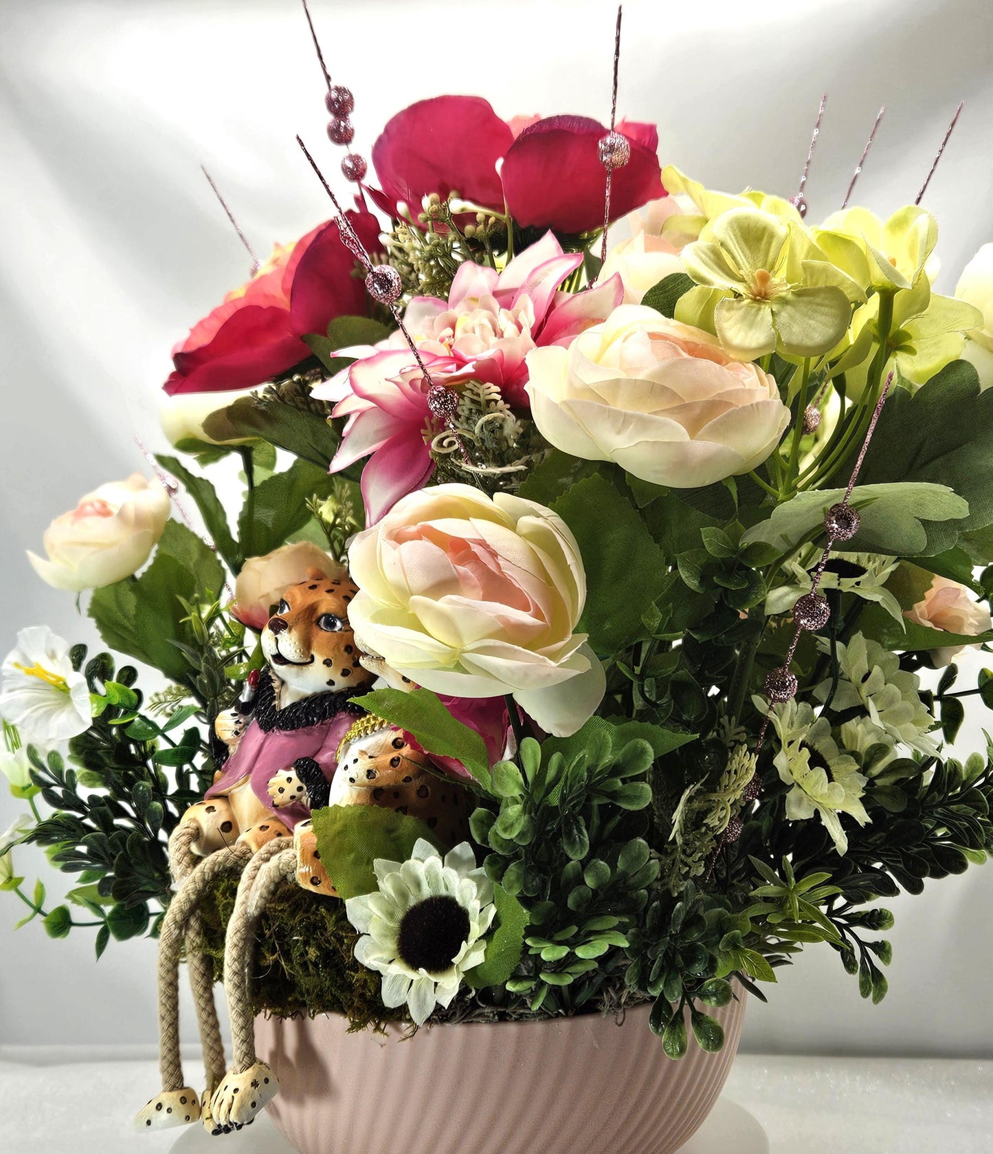 Chetah Couple in Pink/White/Yellow Flower Bouquet/Cosmos/Dahlias/Ranunculus/Daisies/Petunias/Greens/Other Flowers/Nature/Cheetah Lover Gift