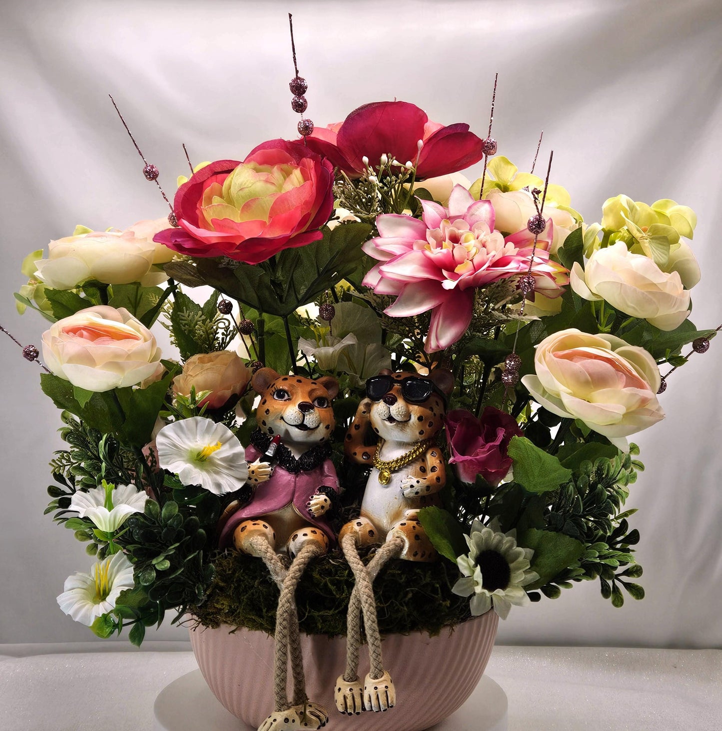 Chetah Couple in Pink/White/Yellow Flower Bouquet/Cosmos/Dahlias/Ranunculus/Daisies/Petunias/Greens/Other Flowers/Nature/Cheetah Lover Gift