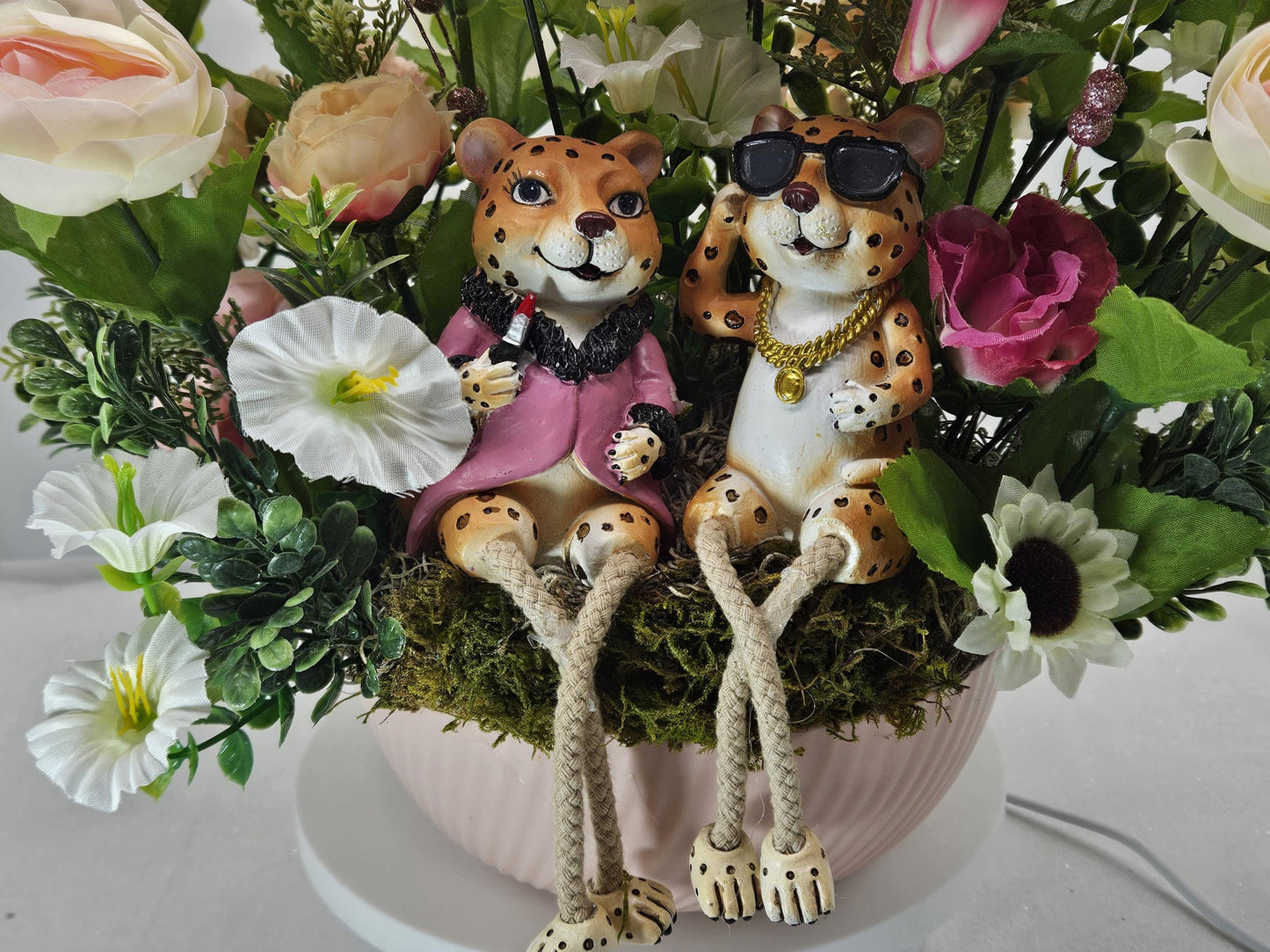 Chetah Couple in Pink/White/Yellow Flower Bouquet/Cosmos/Dahlias/Ranunculus/Daisies/Petunias/Greens/Other Flowers/Nature/Cheetah Lover Gift
