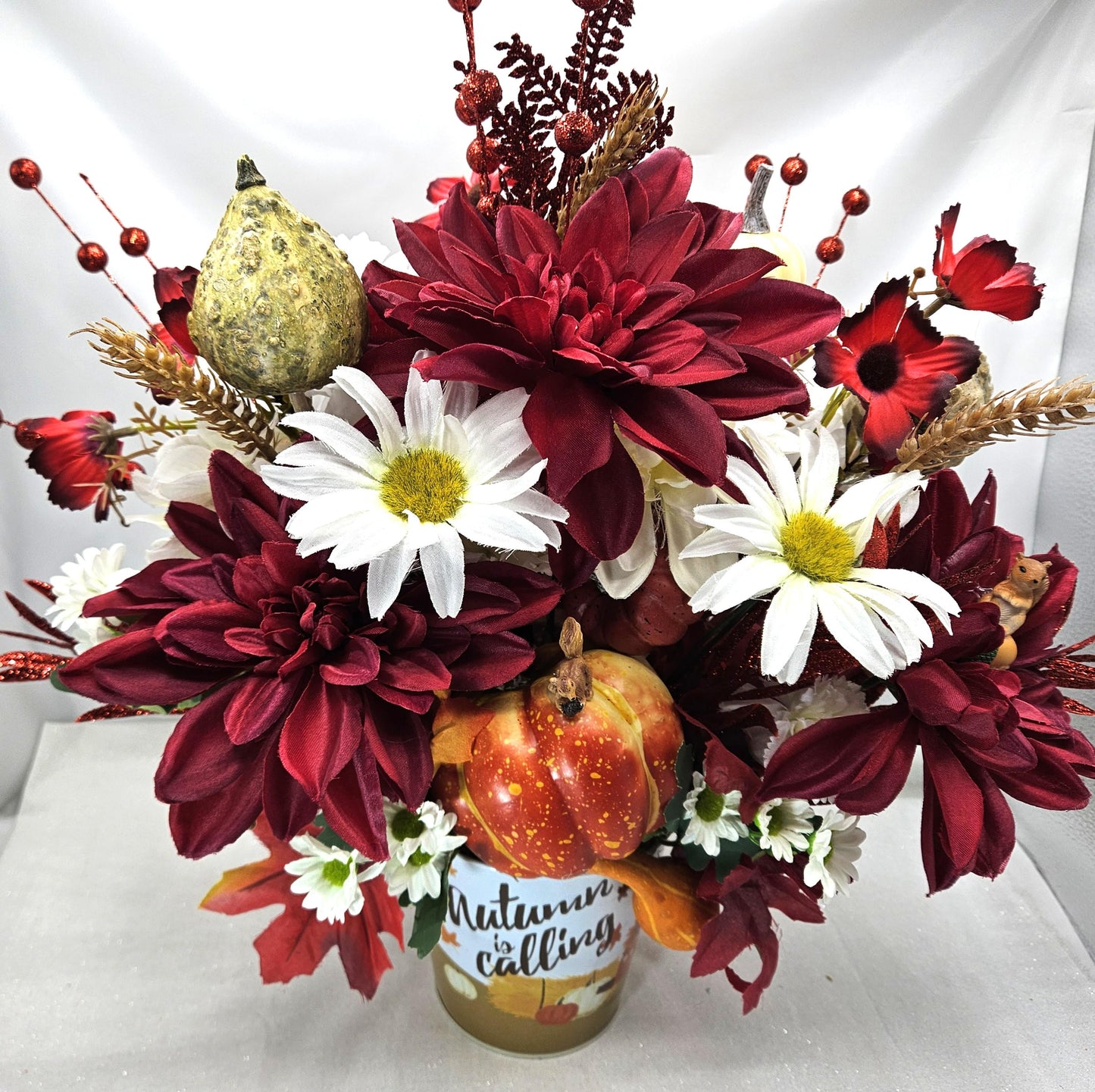 Autumn is Calling Tin Filled with Red and White Mums/Fall Flowers, Large Pumpkin, Great Fall Centerpiece Home/Office Decor, Party Fall Gift