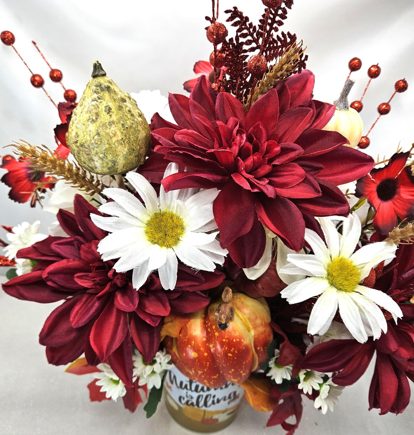Autumn is Calling Tin Filled with Red and White Mums/Fall Flowers, Large Pumpkin, Great Fall Centerpiece Home/Office Decor, Party Fall Gift