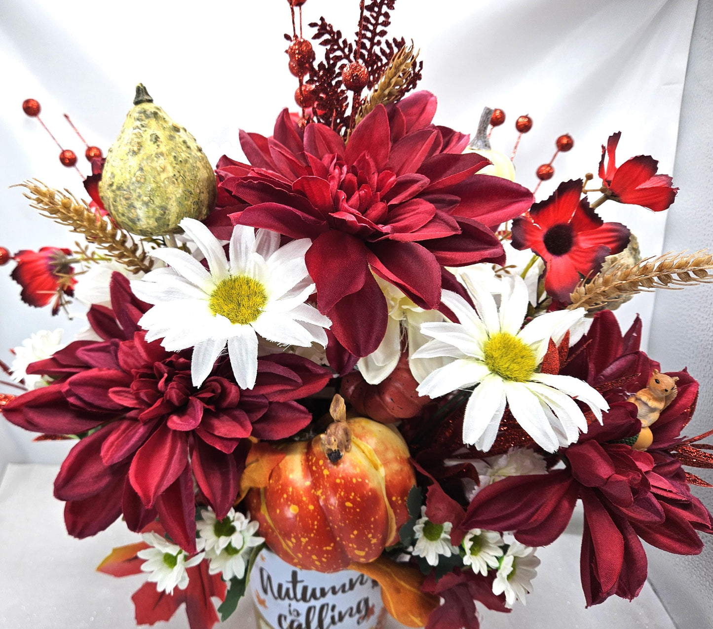 Autumn is Calling Tin Filled with Red and White Mums/Fall Flowers, Large Pumpkin, Great Fall Centerpiece Home/Office Decor, Party Fall Gift