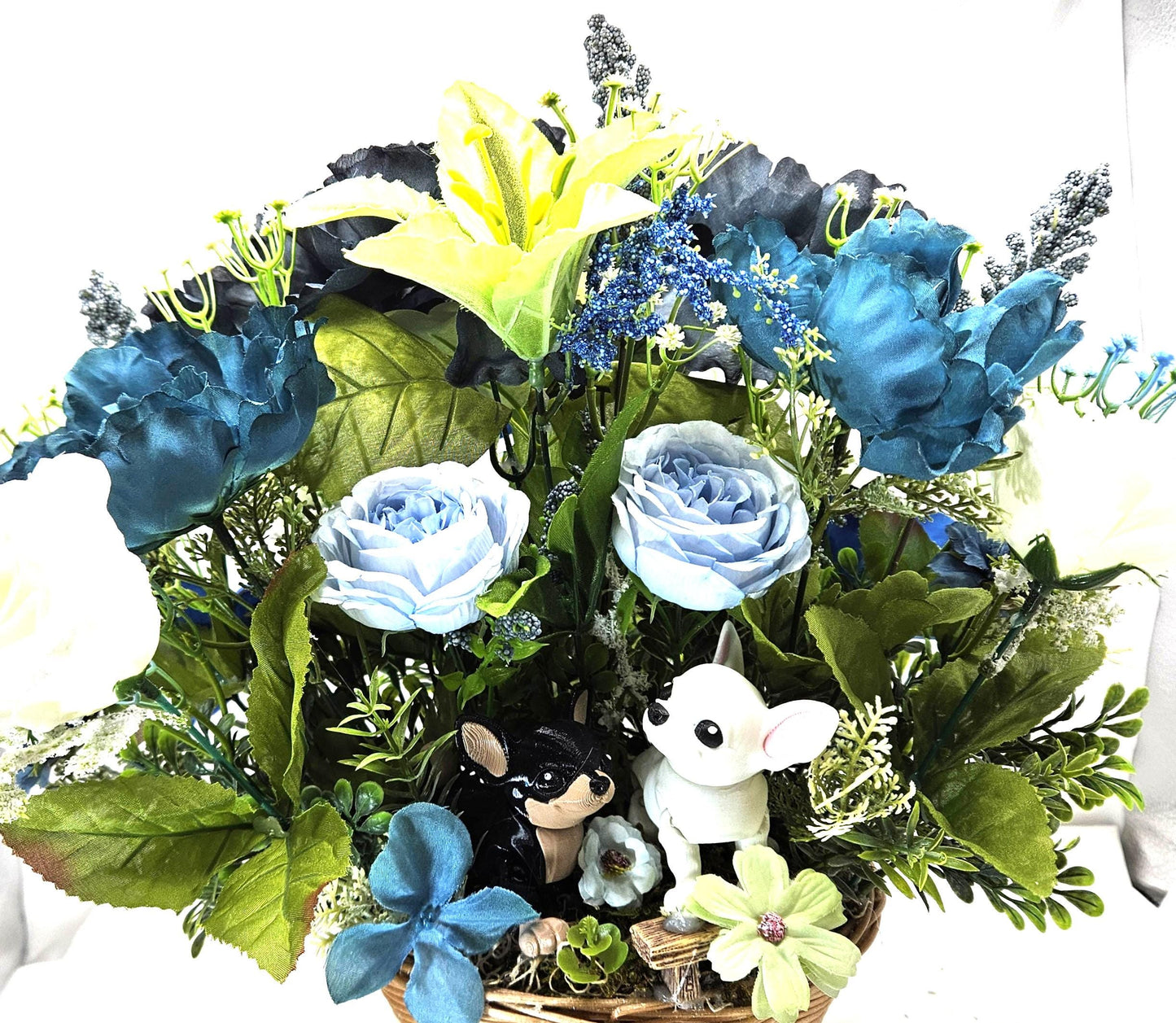 Chihuahua Dog Floral Centerpiuece/Chihuahua Duo/Wooden Dogs/White Chi and Black/Tan Chi/Light/Dark Blue Florals/Green/White Flowers/Greenery