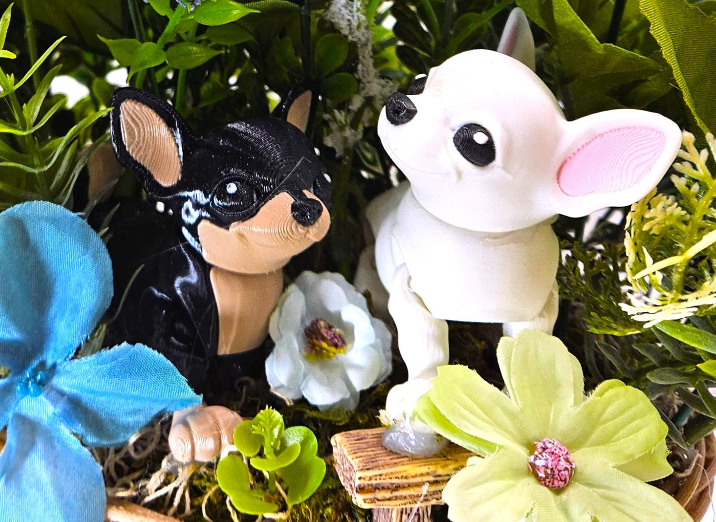 Chihuahua Dog Floral Centerpiuece/Chihuahua Duo/Wooden Dogs/White Chi and Black/Tan Chi/Light/Dark Blue Florals/Green/White Flowers/Greenery