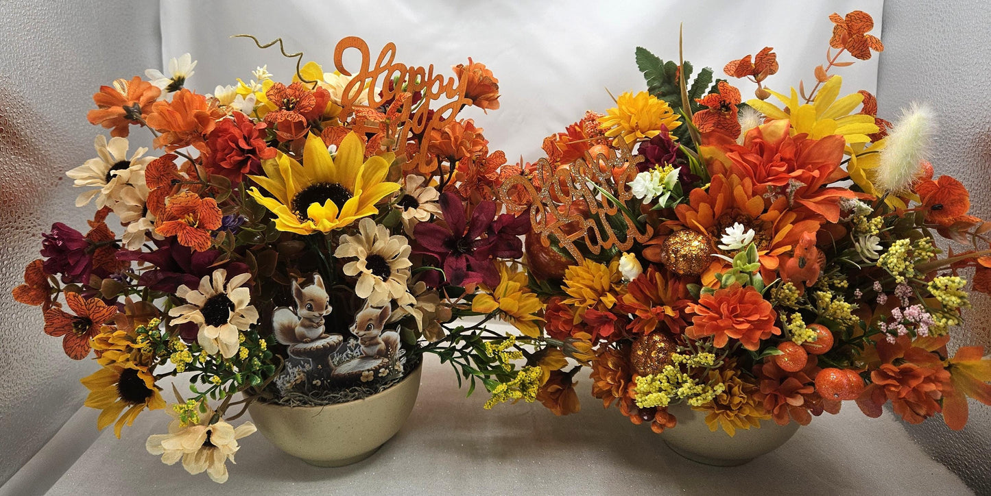 Beautiful Autumn Fall Artificial Flower Arrangements, 2 Options, Pumpkins, Glitter, Wheat Sprays and One has a tiny Hampster on the Pumpkin