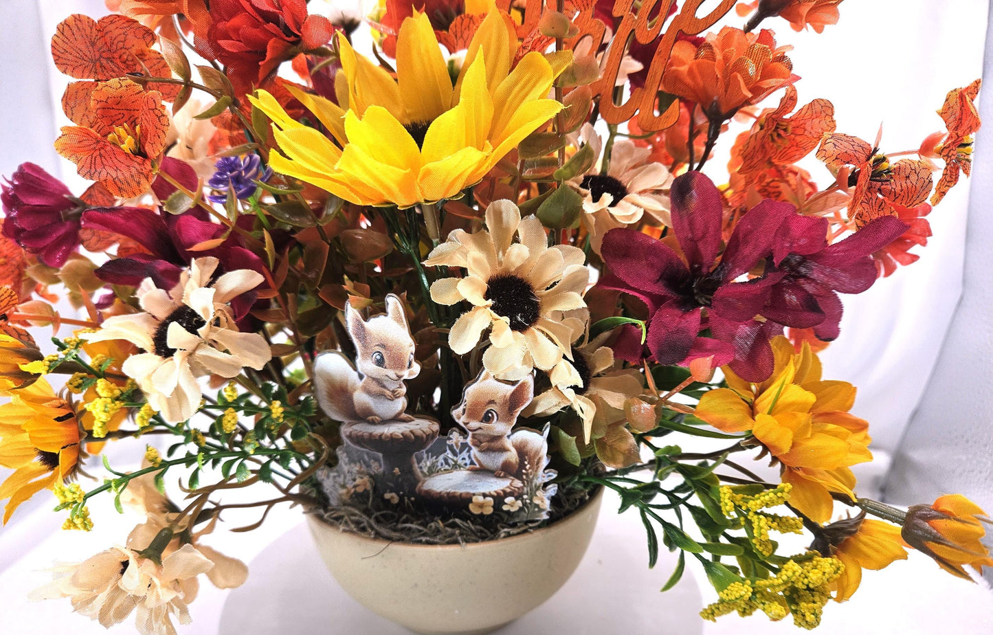 Beautiful Autumn Fall Artificial Flower Arrangements, 2 Options, Pumpkins, Glitter, Wheat Sprays and One has a tiny Hampster on the Pumpkin