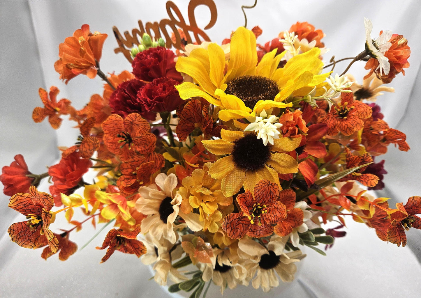 Beautiful Autumn Fall Artificial Flower Arrangements, 2 Options, Pumpkins, Glitter, Wheat Sprays and One has a tiny Hampster on the Pumpkin