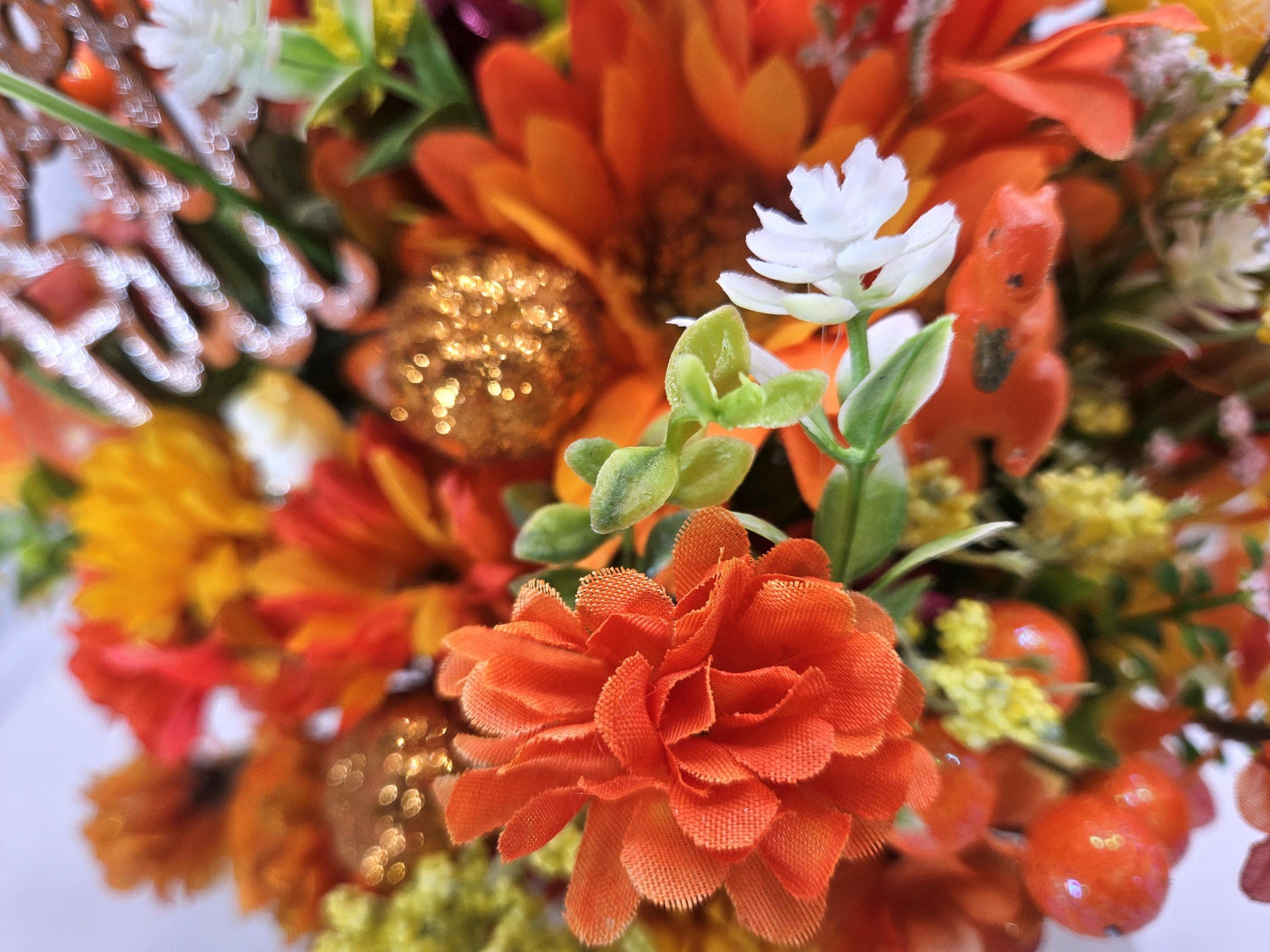 Beautiful Autumn Fall Artificial Flower Arrangements, 2 Options, Pumpkins, Glitter, Wheat Sprays and One has a tiny Hampster on the Pumpkin