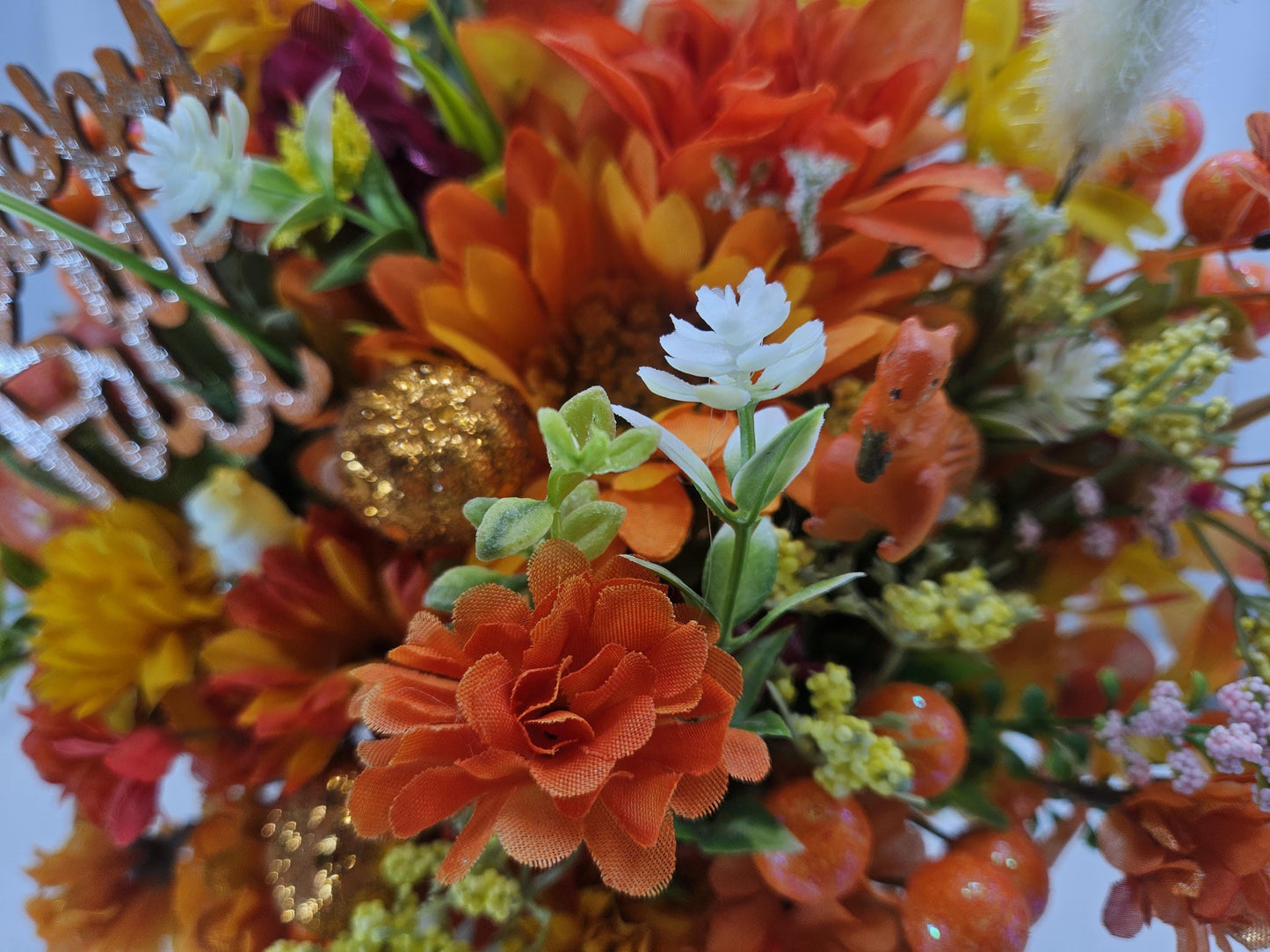 Beautiful Autumn Fall Artificial Flower Arrangements, 2 Options, Pumpkins, Glitter, Wheat Sprays and One has a tiny Hampster on the Pumpkin