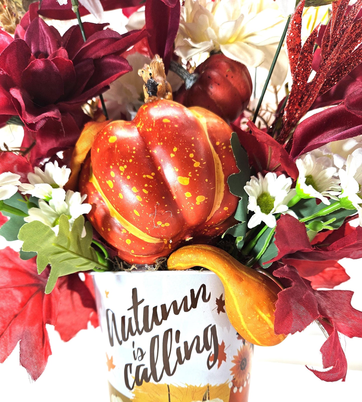 Autumn is Calling Tin Filled with Red and White Mums/Fall Flowers, Large Pumpkin, Great Fall Centerpiece Home/Office Decor, Party Fall Gift