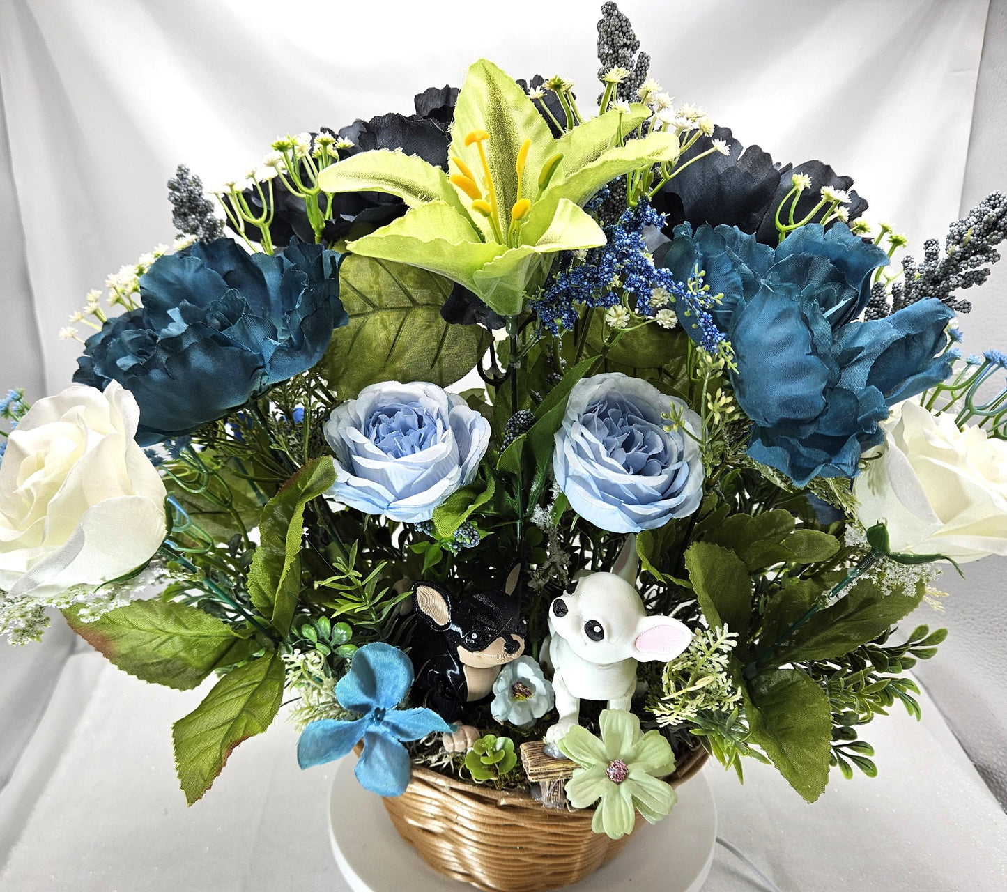 Chihuahua Dog Floral Centerpiuece/Chihuahua Duo/Wooden Dogs/White Chi and Black/Tan Chi/Light/Dark Blue Florals/Green/White Flowers/Greenery