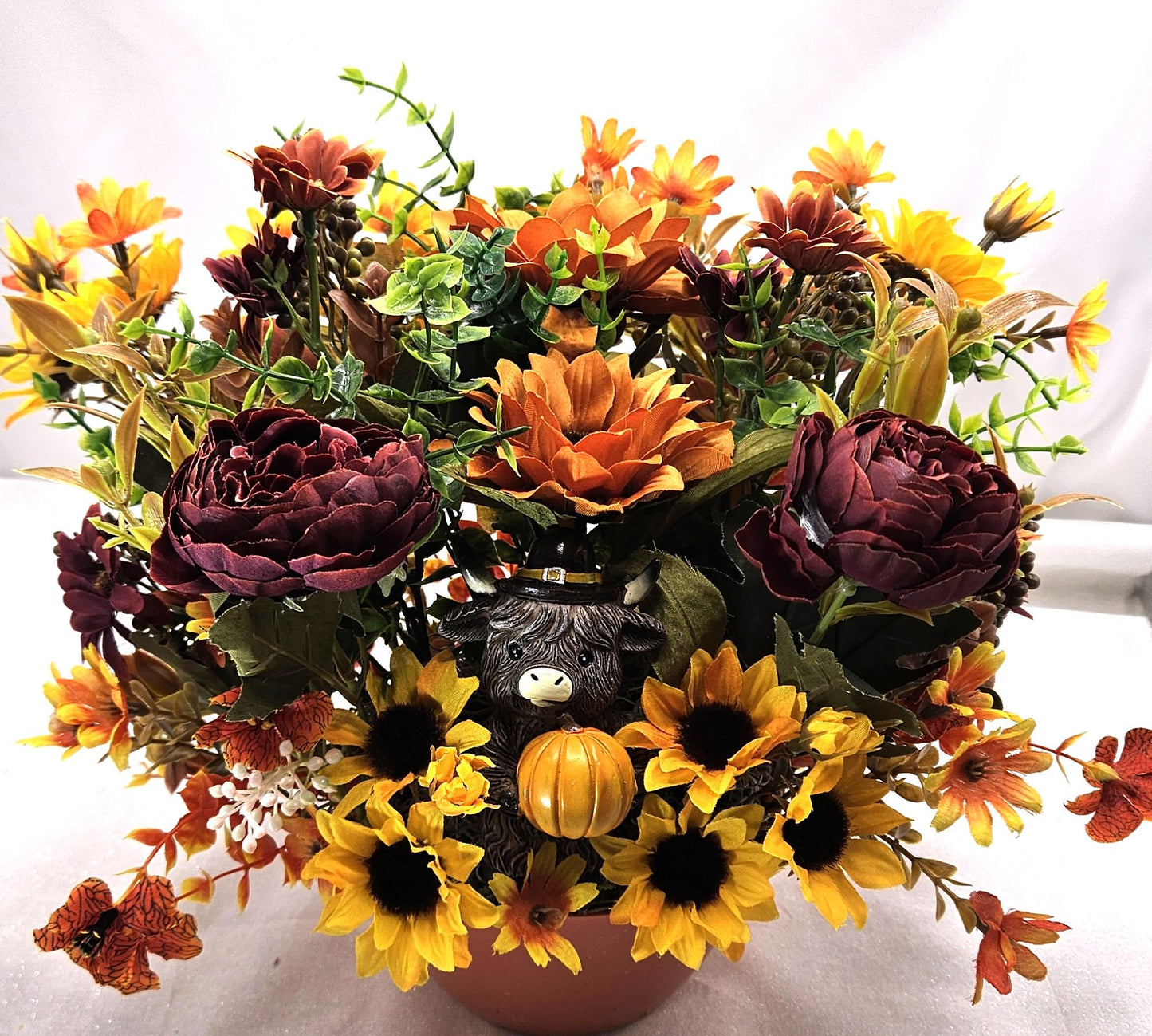 Cheerful Highland Cows Fall Autumn Centerpiece in Orange Bowl, Fall Colored Flowers/Leaves/Pu,pkins/Fall Accents