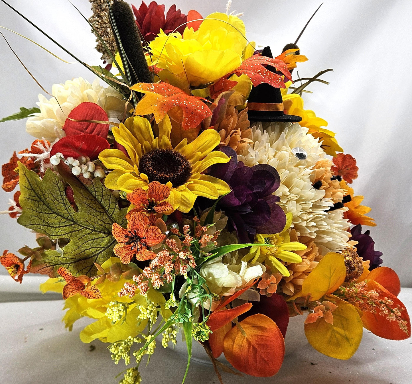 Autumn Flower Arrangement with "Happy Fall" Sign and Handmade Flower Puppy Dog Witch