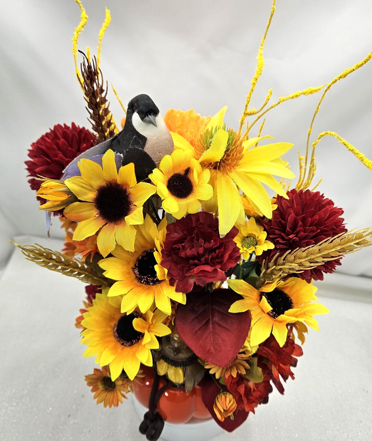 Fall Floral Arrangement with Bird: Ceramic Pumpkin or Acorn Bowl