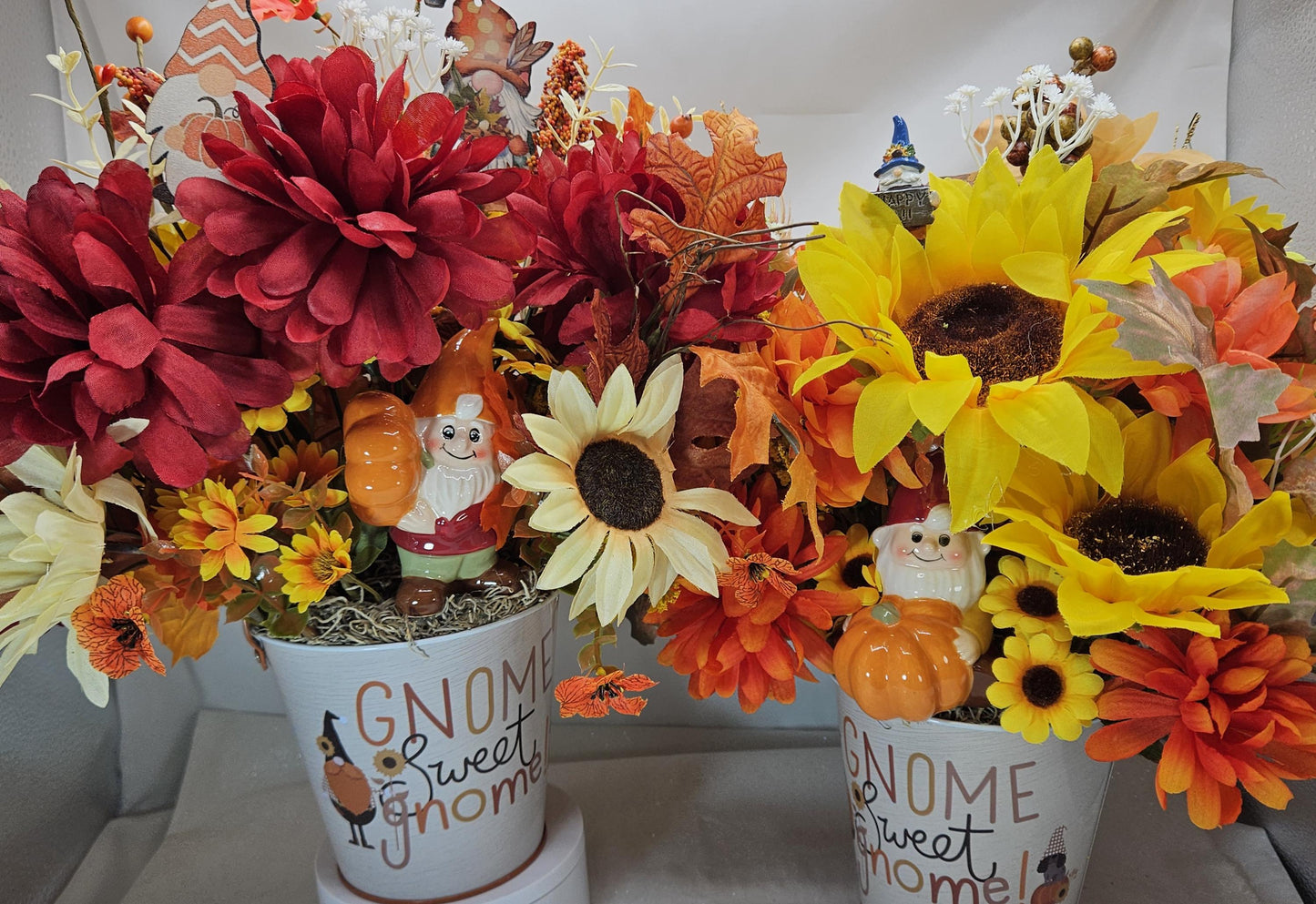 Gnome Fall Floral Arrangement: Sunflowers or Red Mums