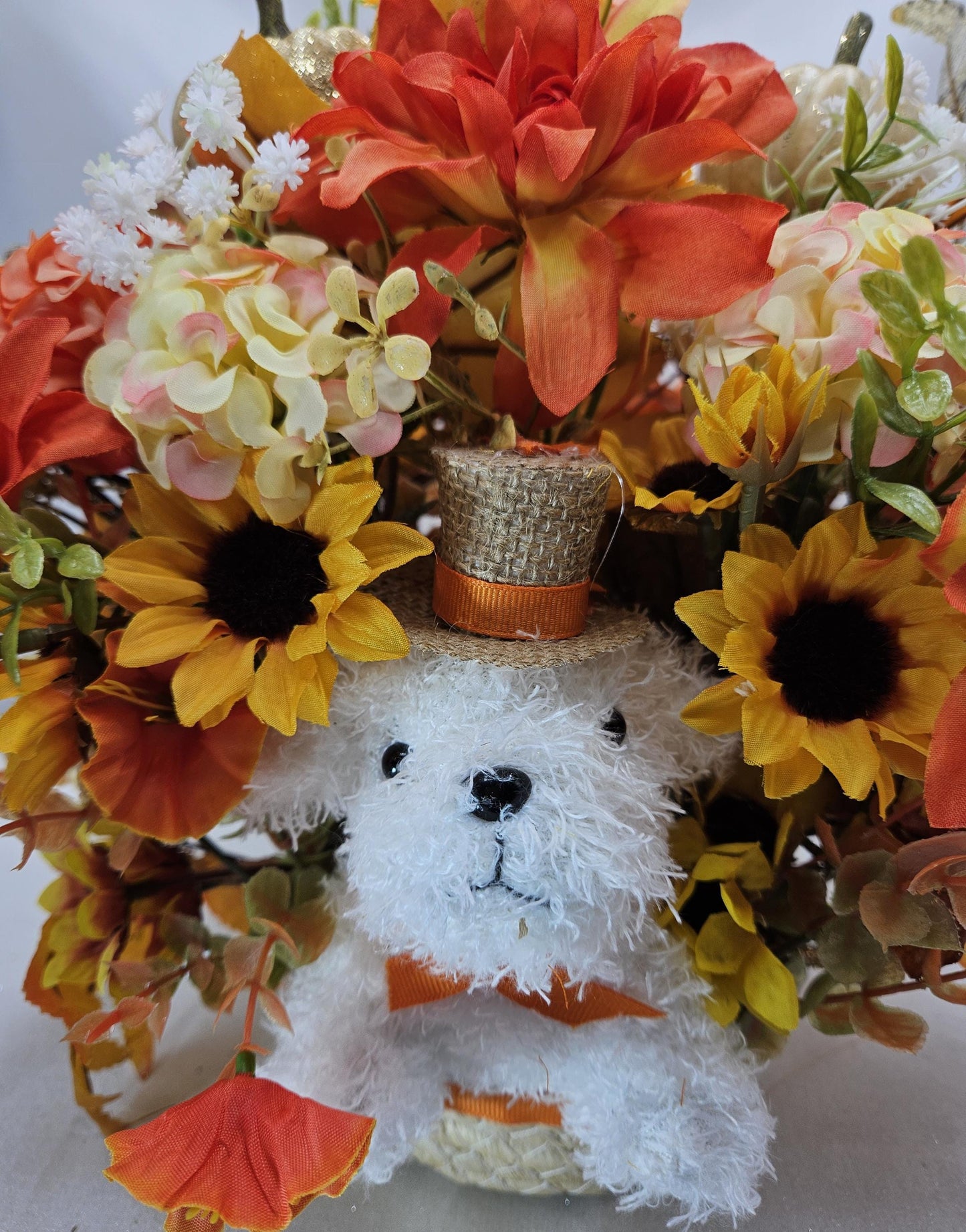 Fall Flower Arrangement with White Dog in Woven Basket: Autumn Decor