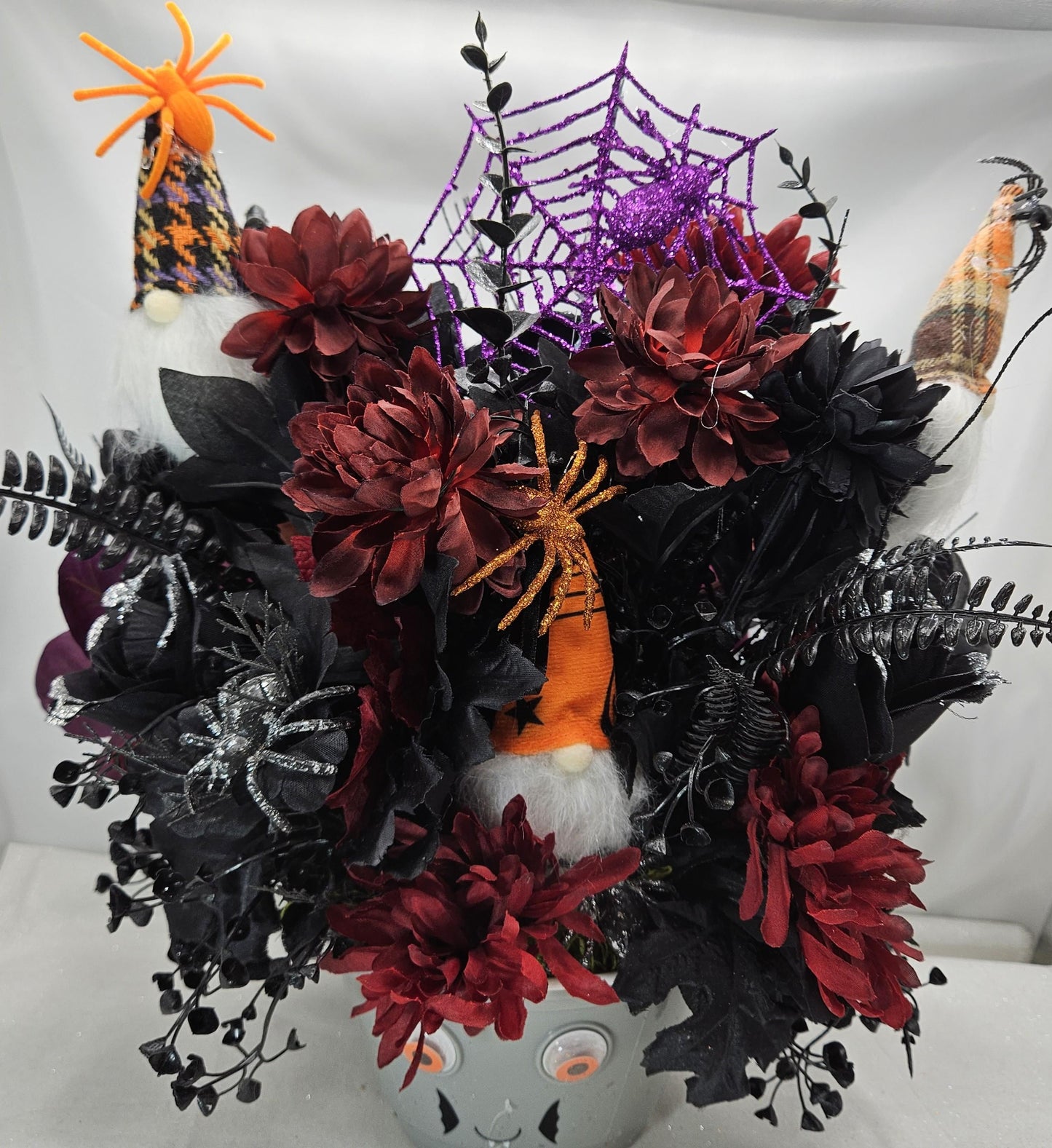 Eerie Halloween Floral Arrangement: Dracula Bowl, Gnomes & Spiders