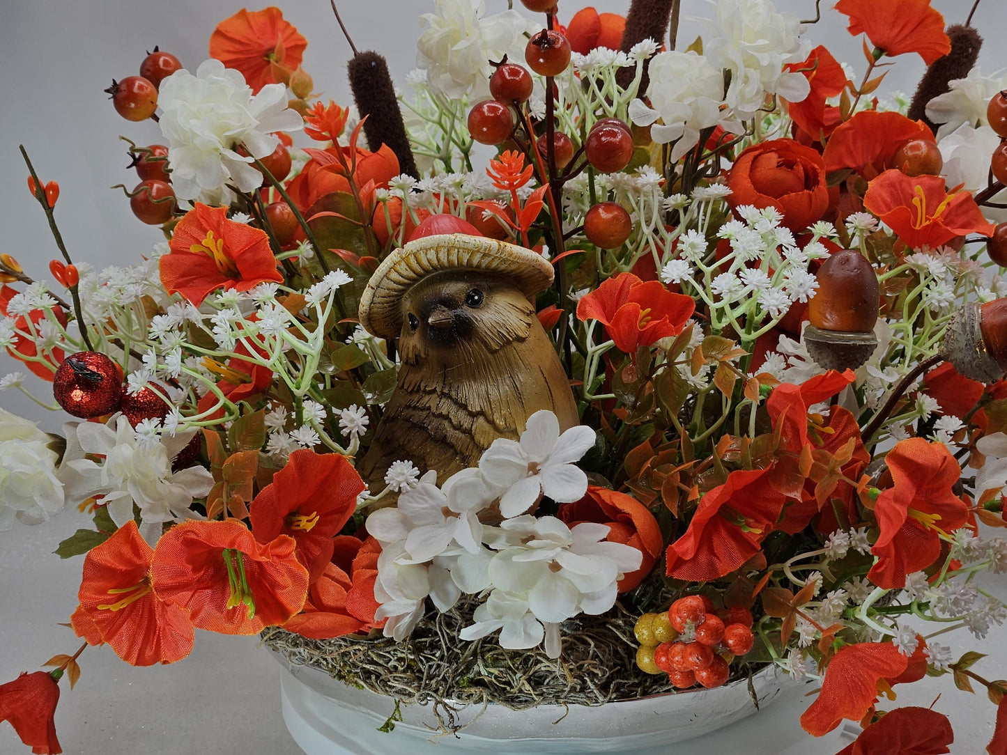 Pumpkin Floral Arrangement: Autumn Bird Garden Centerpiece