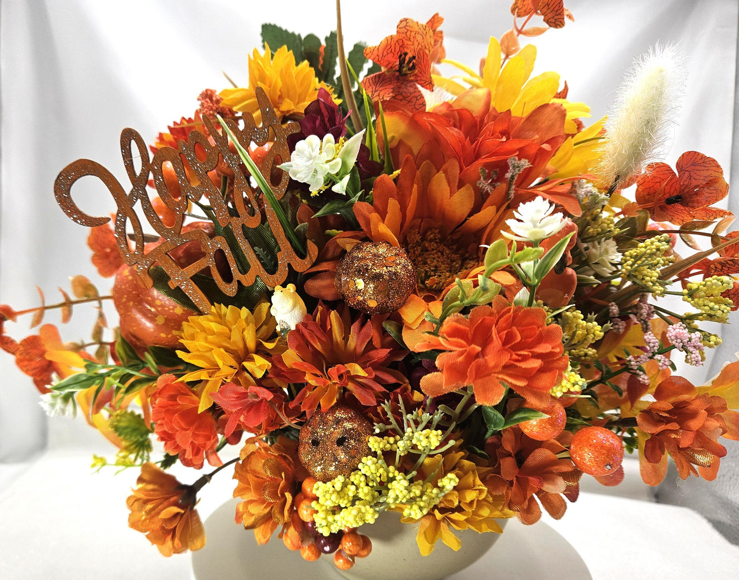 Beautiful Autumn Fall Artificial Flower Arrangements, 2 Options, Pumpkins, Glitter, Wheat Sprays and One has a tiny Hampster on the Pumpkin
