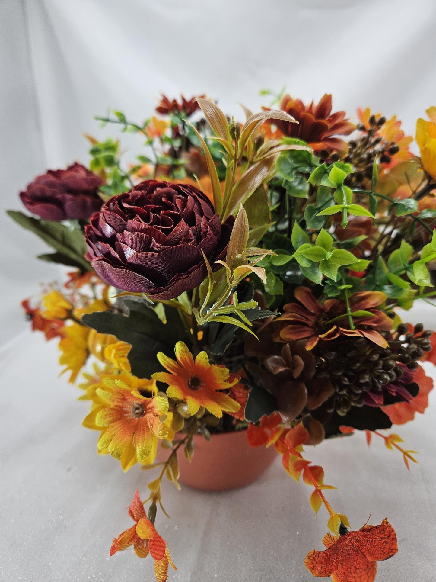Cheerful Highland Cows Fall Autumn Centerpiece in Orange Bowl, Fall Colored Flowers/Leaves/Pu,pkins/Fall Accents