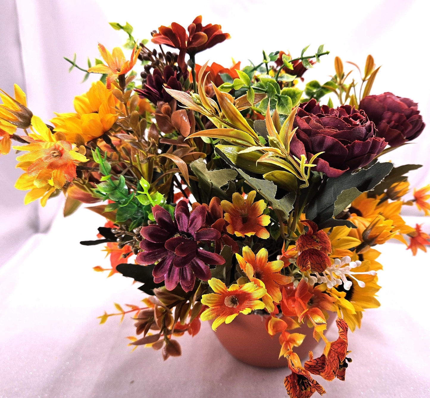 Cheerful Highland Cows Fall Autumn Centerpiece in Orange Bowl, Fall Colored Flowers/Leaves/Pu,pkins/Fall Accents