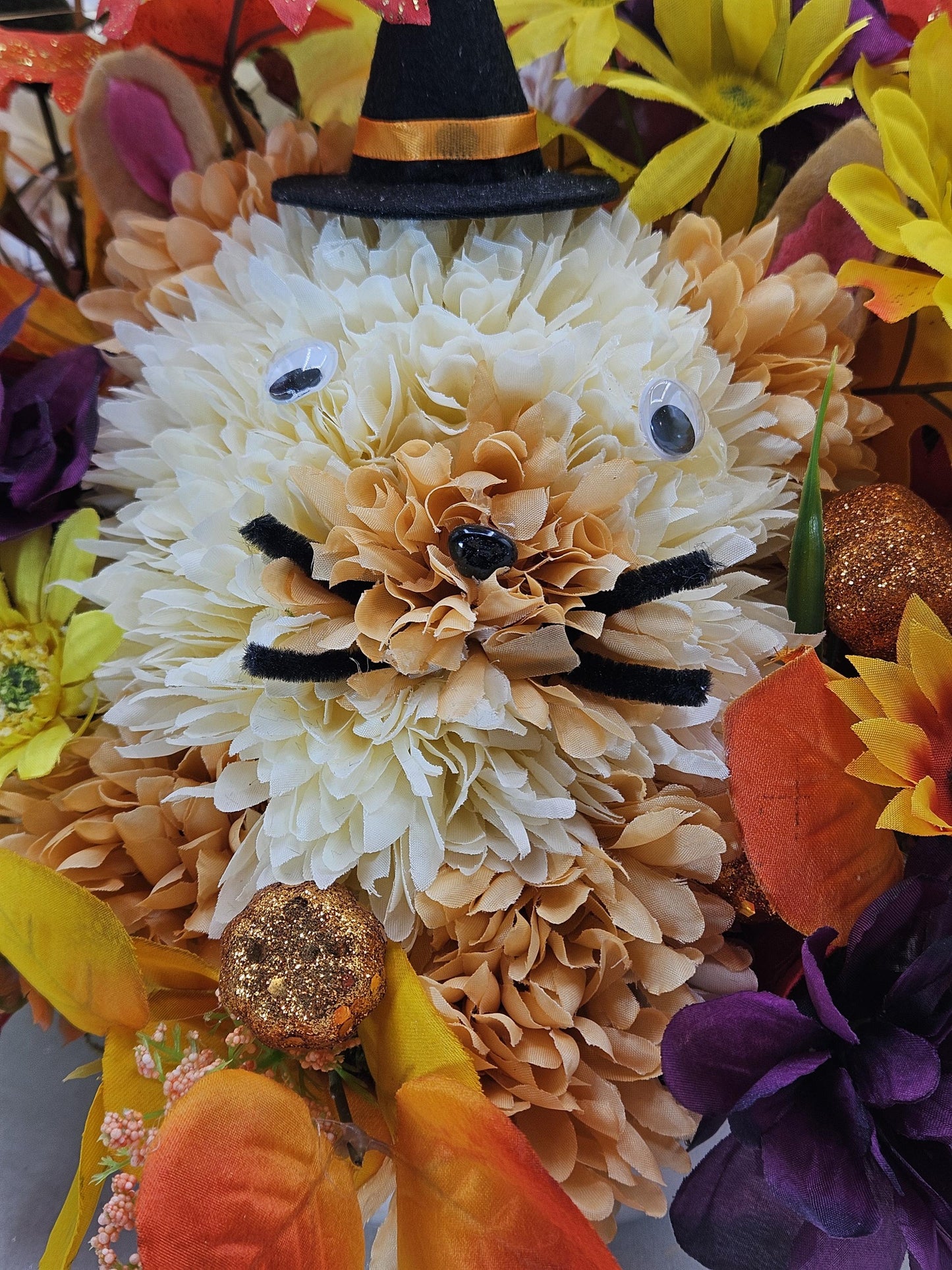 Autumn Flower Arrangement with "Happy Fall" Sign and Handmade Flower Puppy Dog Witch