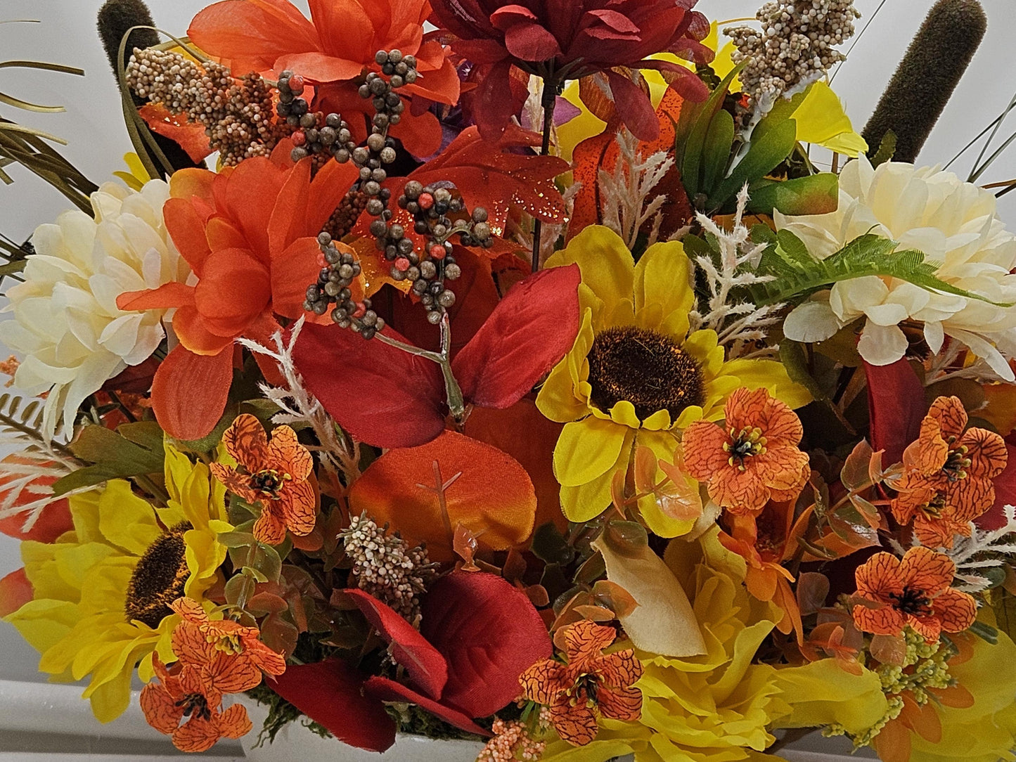 Autumn Flower Arrangement with "Happy Fall" Sign and Handmade Flower Puppy Dog Witch
