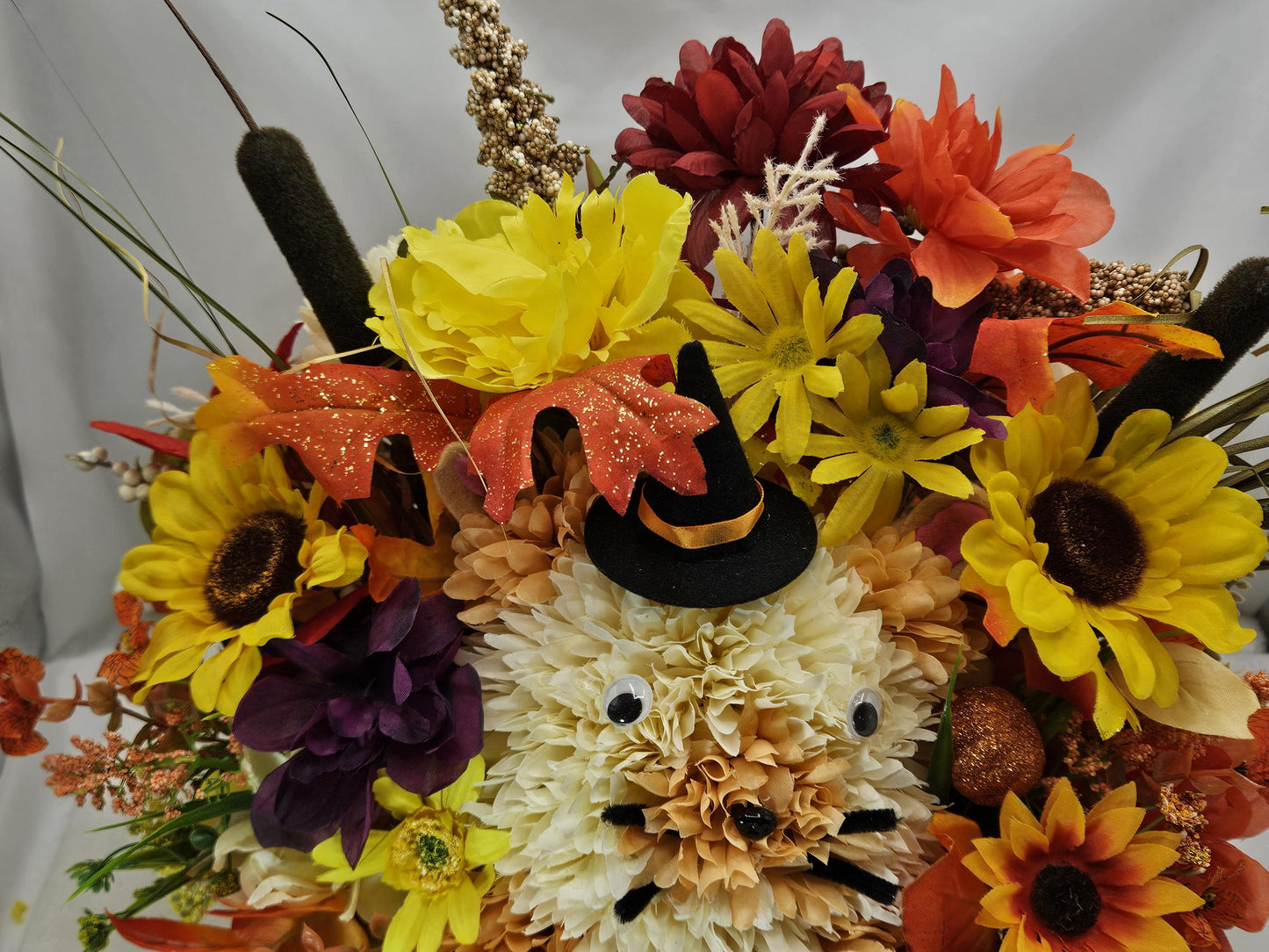 Autumn Flower Arrangement with "Happy Fall" Sign and Handmade Flower Puppy Dog Witch
