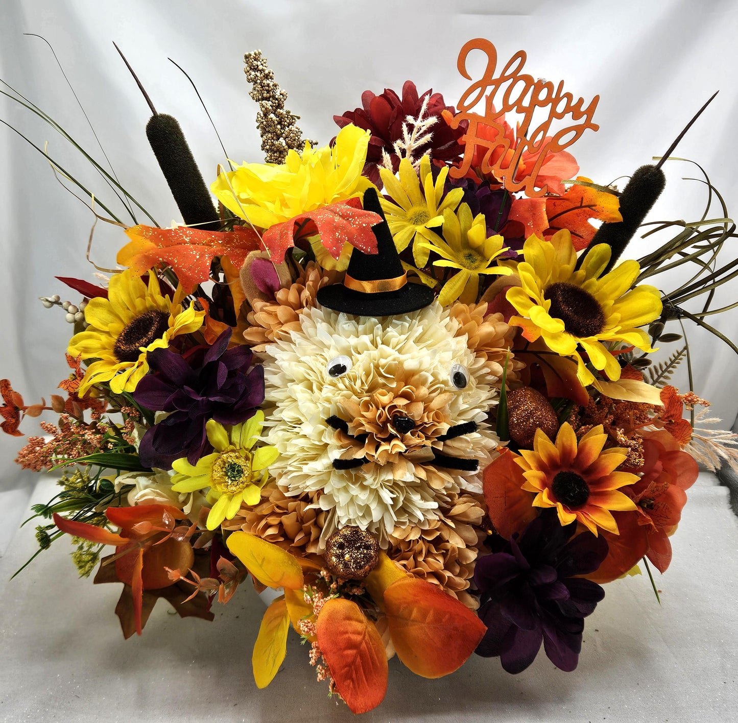Autumn Flower Arrangement with "Happy Fall" Sign and Handmade Flower Puppy Dog Witch