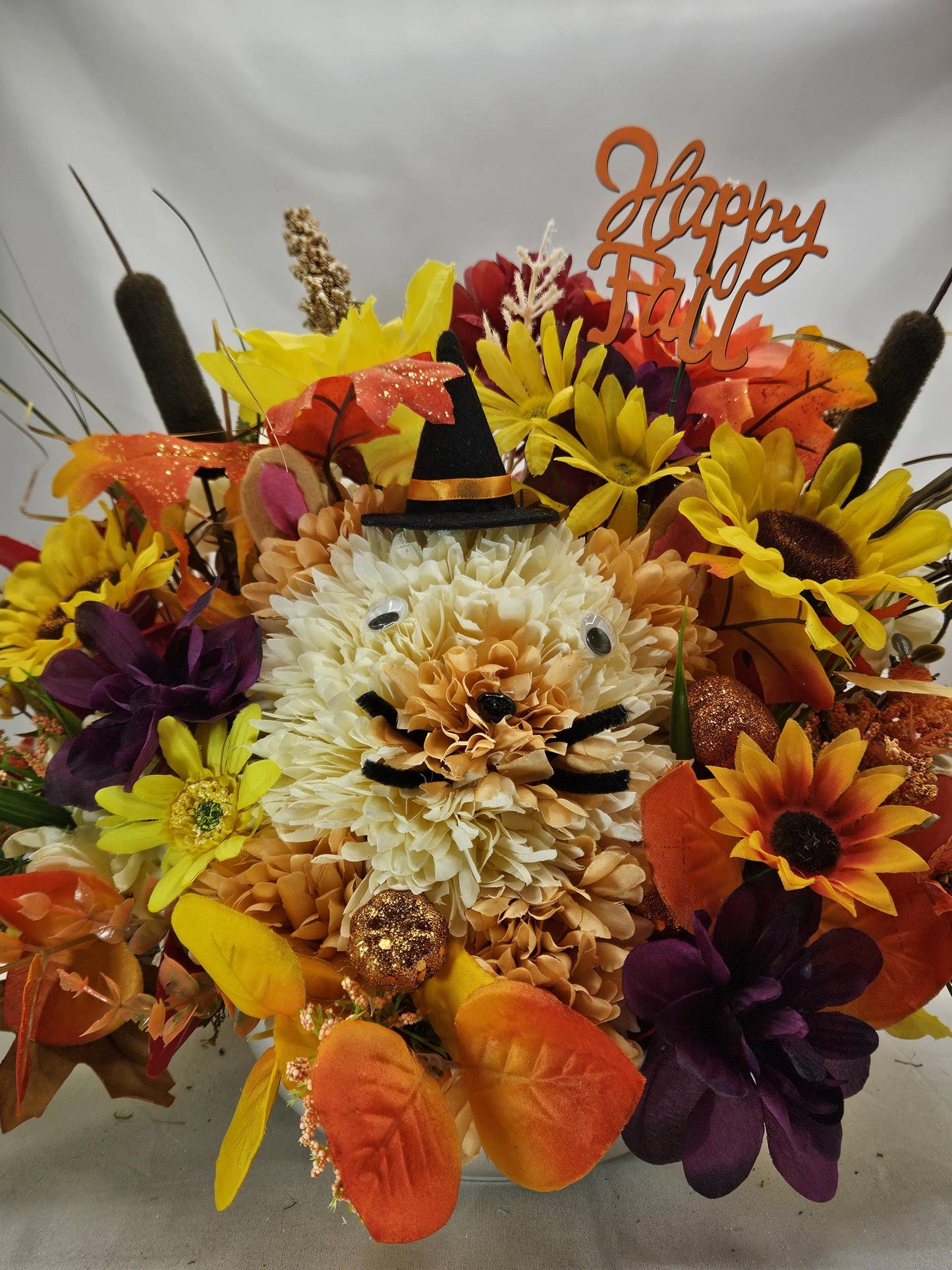 Autumn Flower Arrangement with "Happy Fall" Sign and Handmade Flower Puppy Dog Witch