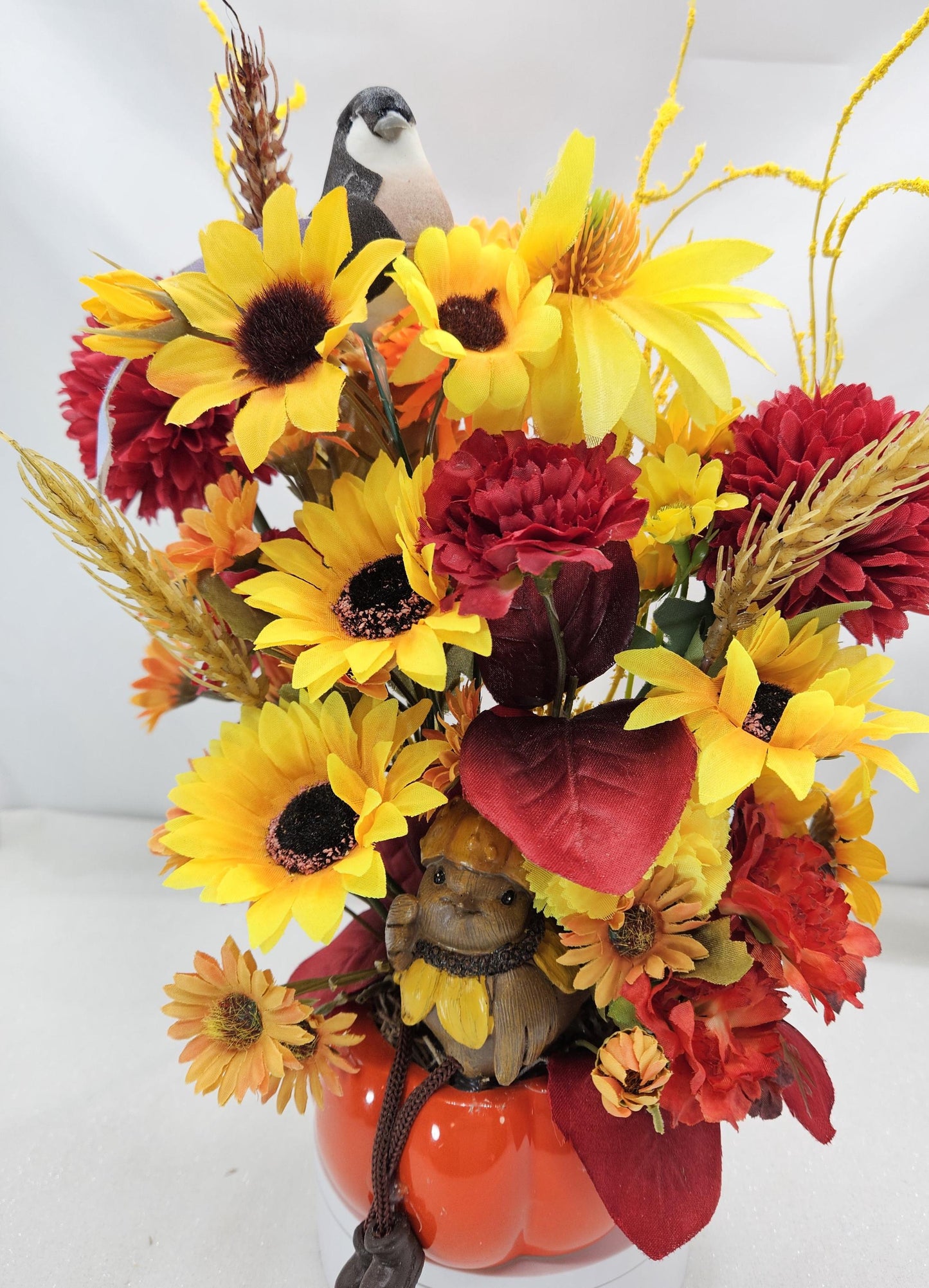 Fall Floral Arrangement with Bird: Ceramic Pumpkin or Acorn Bowl