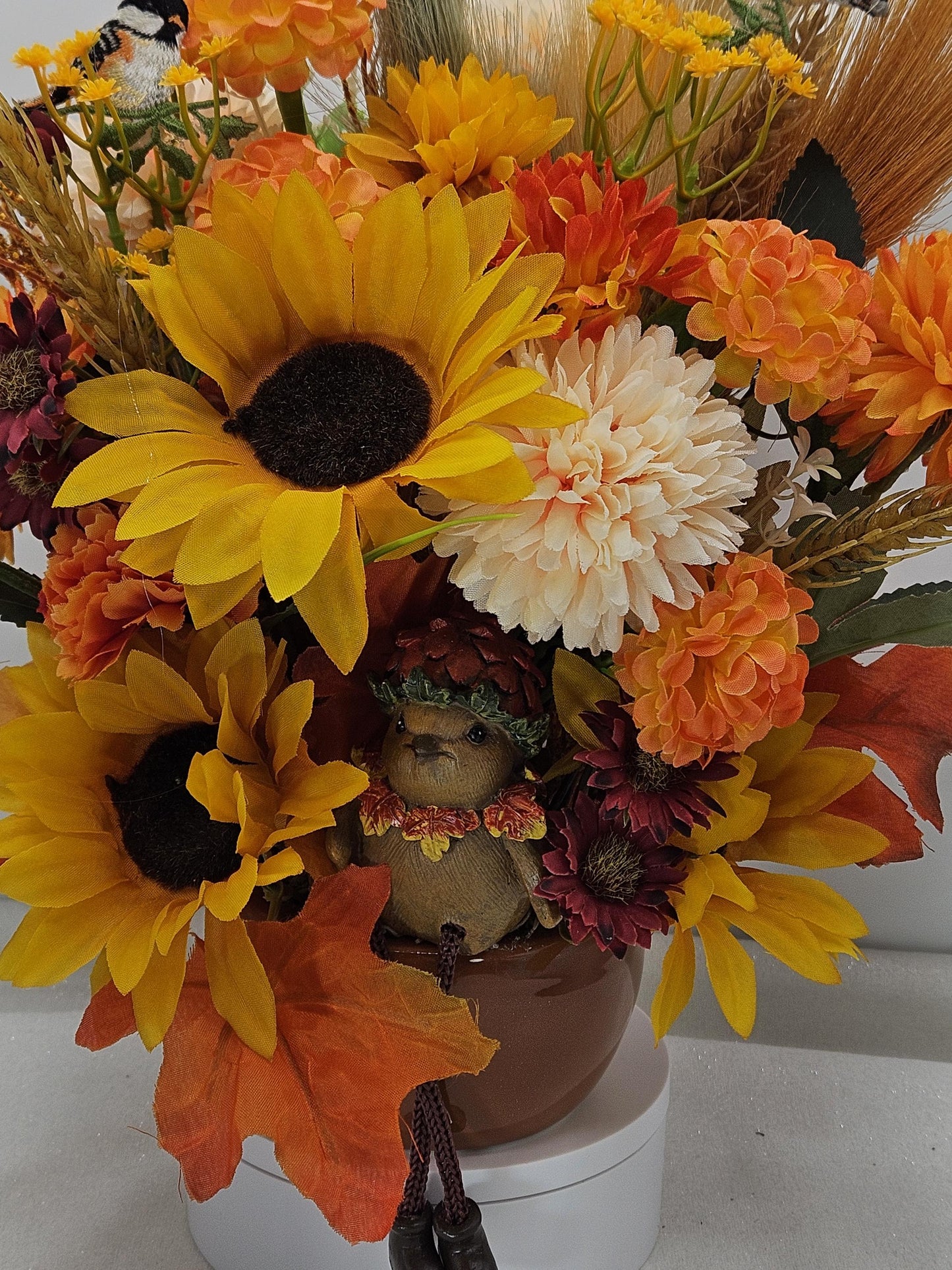 Fall Floral Arrangement with Bird: Ceramic Pumpkin or Acorn Bowl
