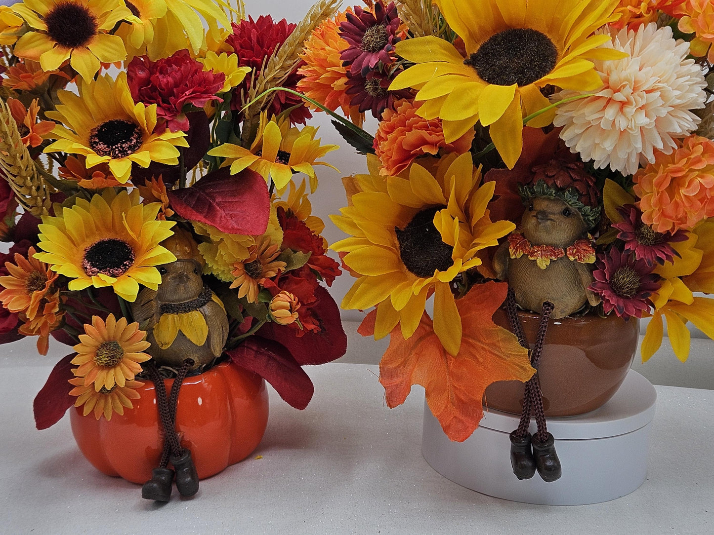 Fall Floral Arrangement with Bird: Ceramic Pumpkin or Acorn Bowl